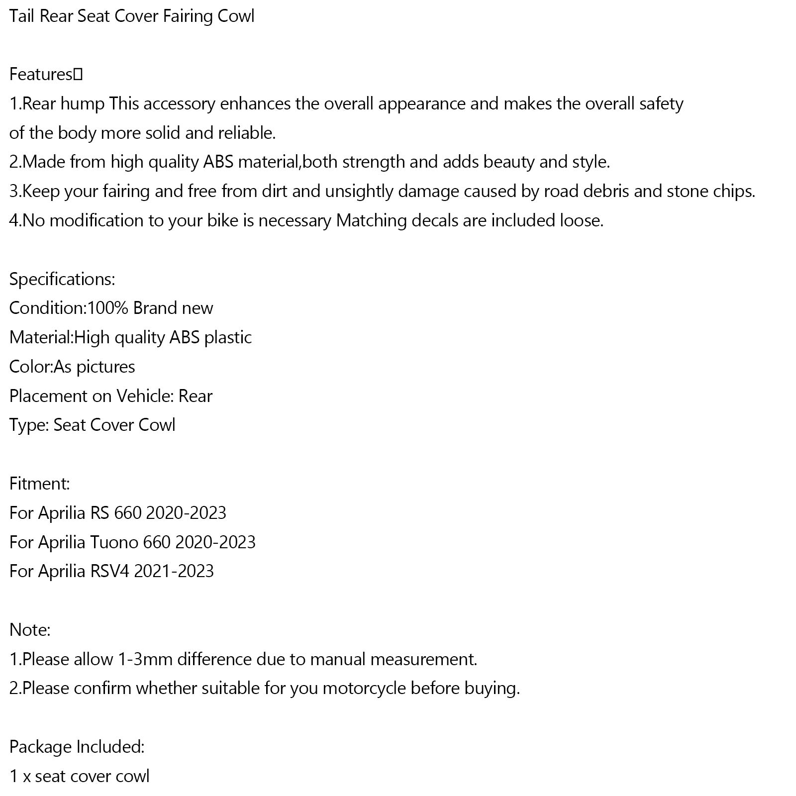 20-24 Aprilia RS660 Tuono660 Cubiería de tapa del asiento trasero Copa de carenado