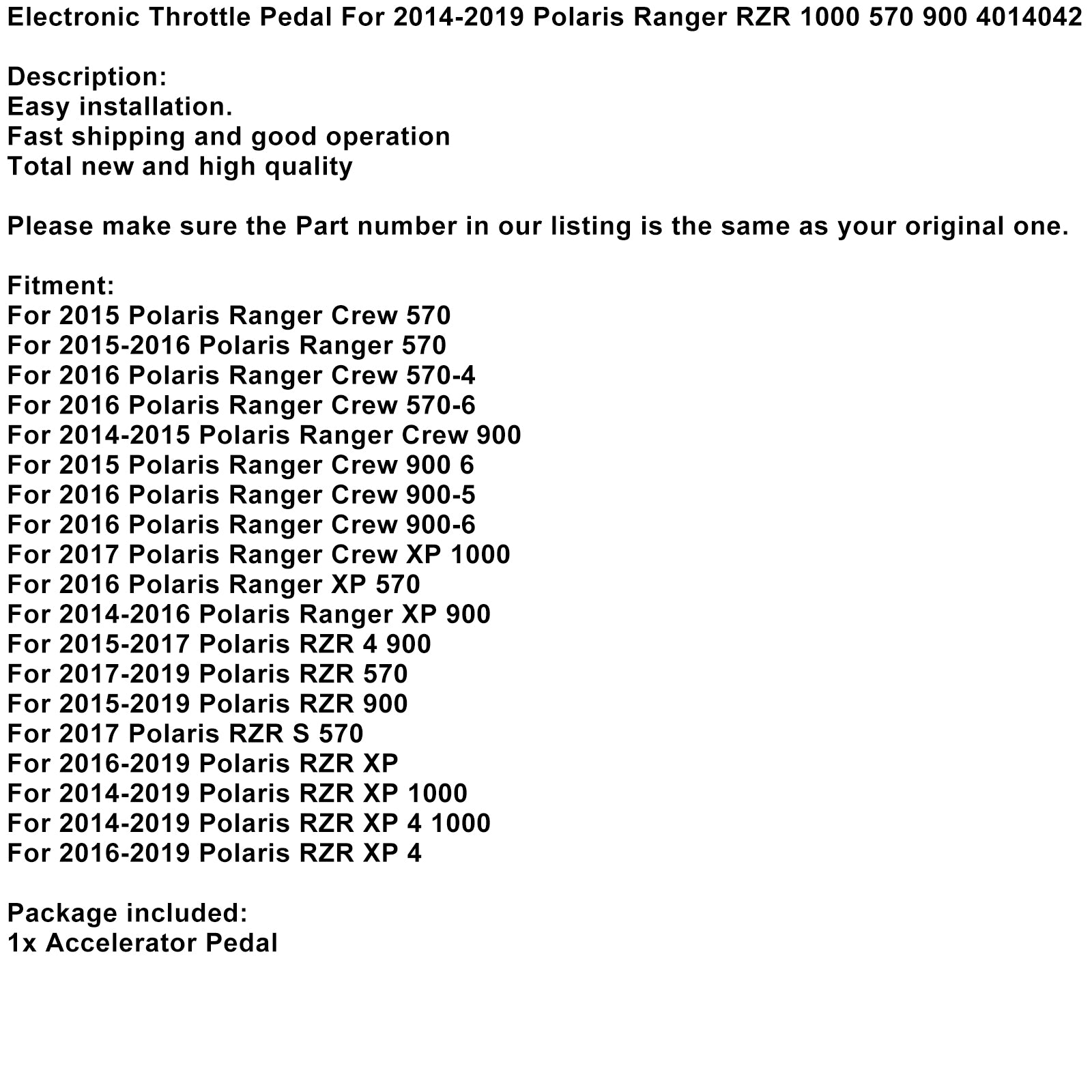 Elektronisk gasspedal for Polaris Ranger RZR 570 900 1000 4014042 2014-2019