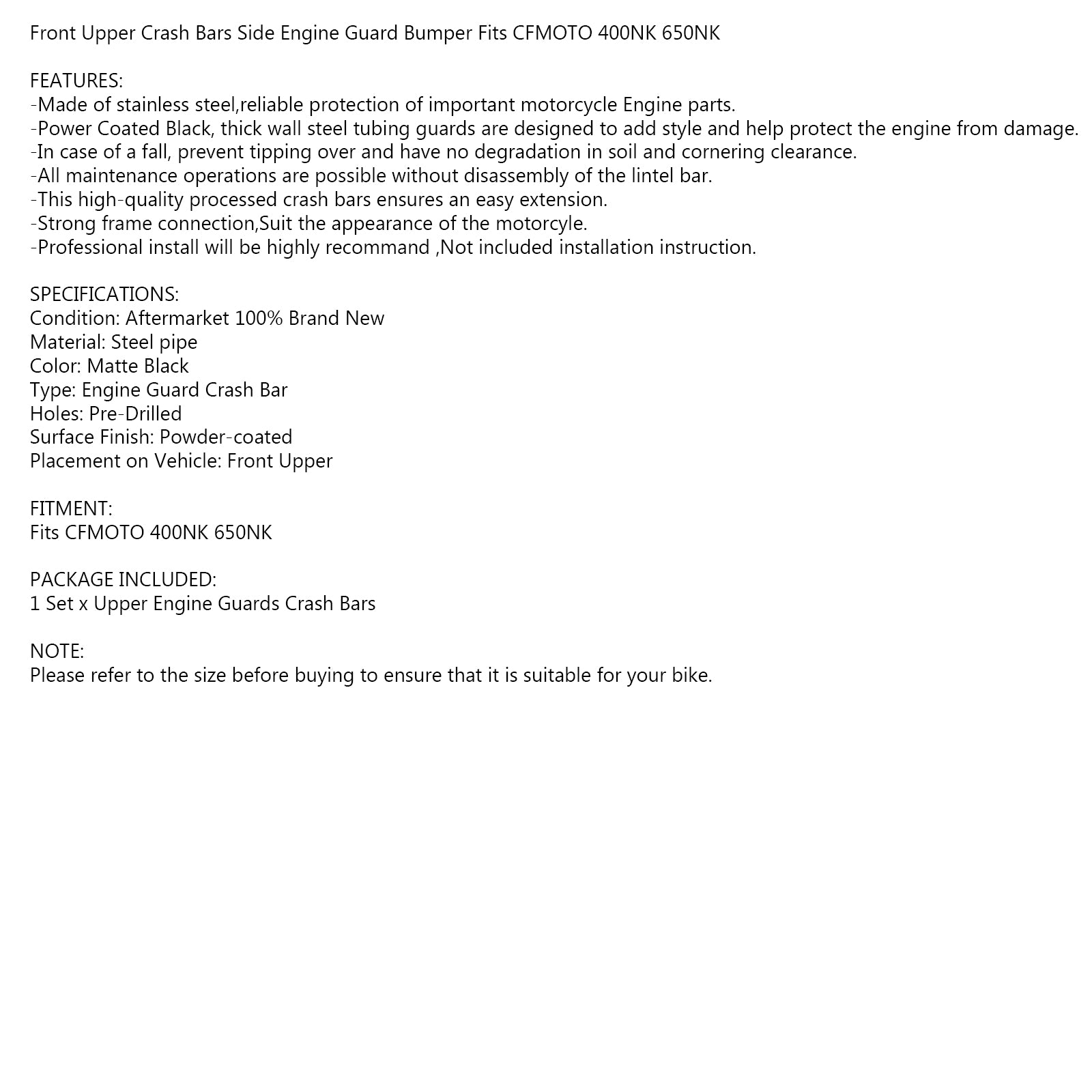 16-20 vgl. Moto 400NK 650NK obere Crash-Stangen-Motorschutz-Stoßfänger Beschützer