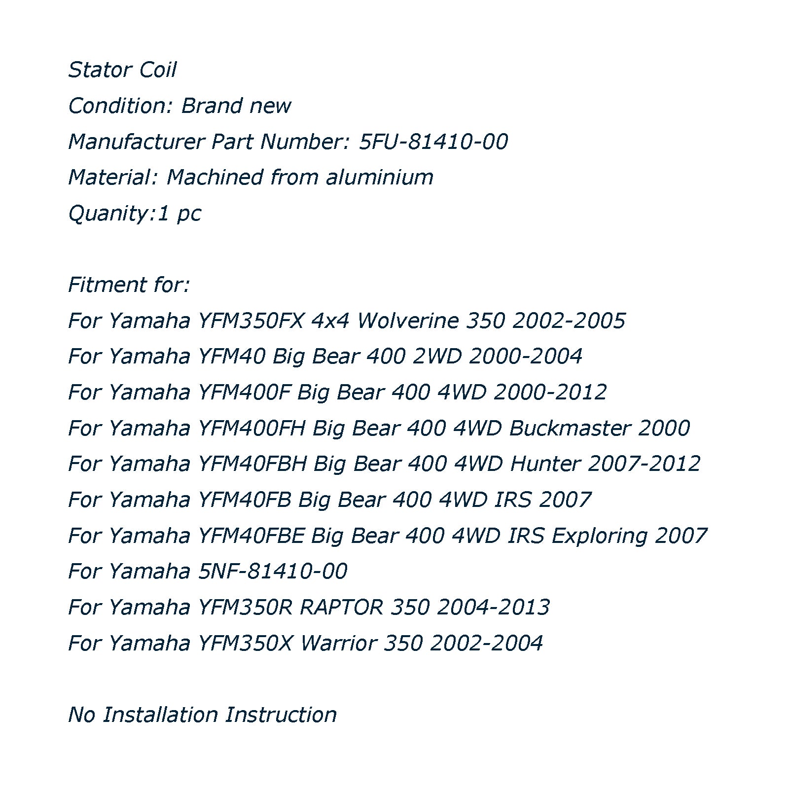 ステーターコイルヤマハ YFM350FX 4x4 YFM40 ビッグベア YFM350R YFM350X フェデックス経由