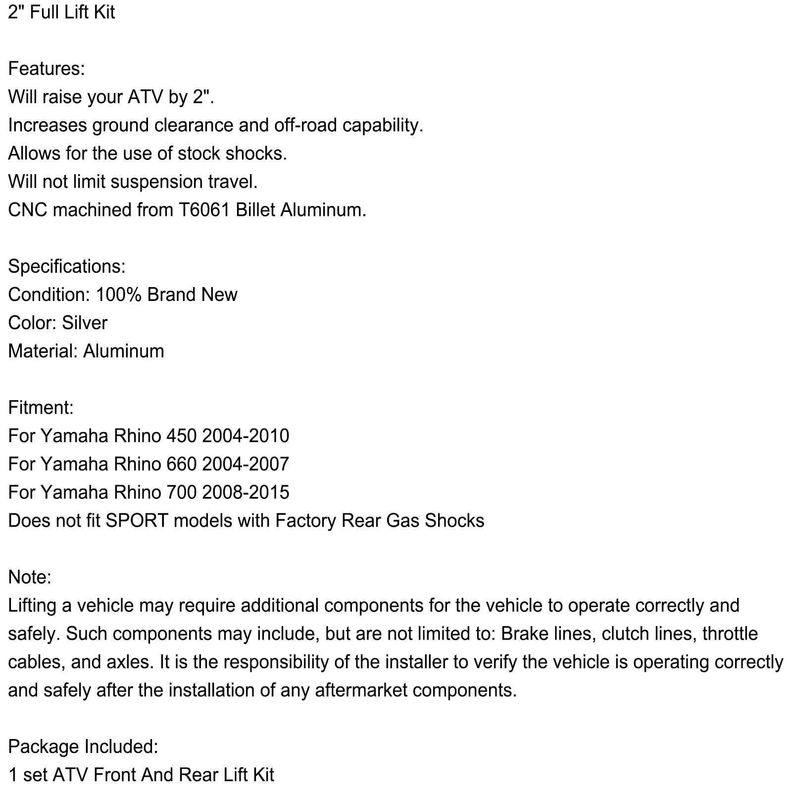 2" Full Lift Kit pro Yamaha Rhino 450 660 700 2004-2015 ATV Sport Billet Generic