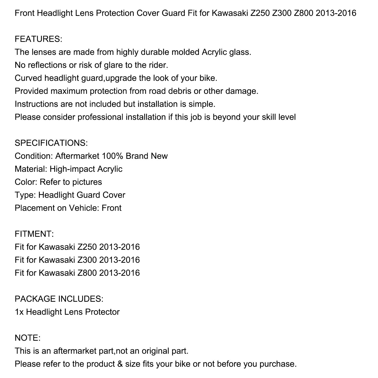 Cubierta de protección de lente de faro delantero para Kawasaki Z250 Z300 Z800 13-16 Smoke Generic