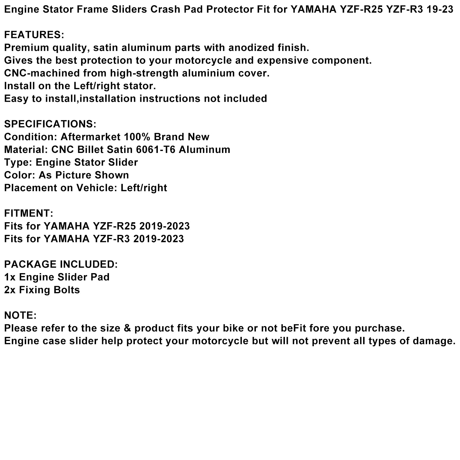 Protezione cursore coperchio motore statore in plastica per Yamaha Yzf-R25 Yzf-R3 19-23