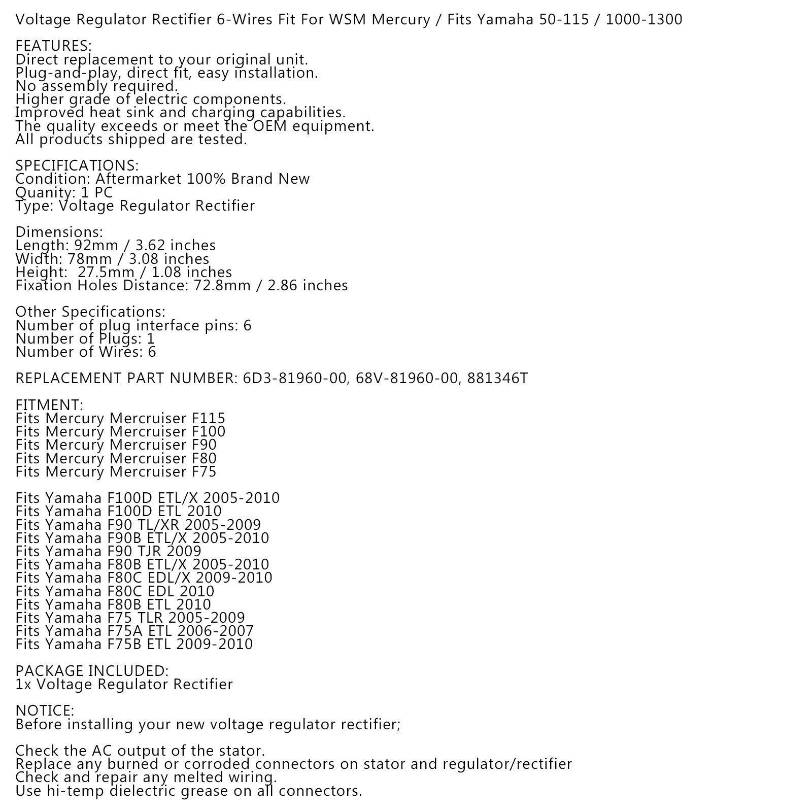 Gleichrichterregler für Yamaha Außenbord F100 F90 F80 F75 EDL TLR TJR 05-10
