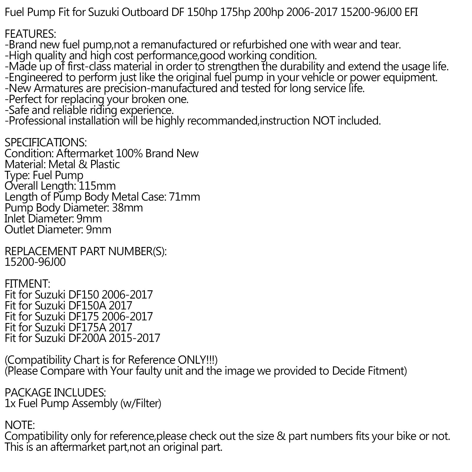 Bränslepump passar för Suzuki DF utombordare 2006-2017 150 hk 175 hk 200 hk EFI 15200-96J00 Generic