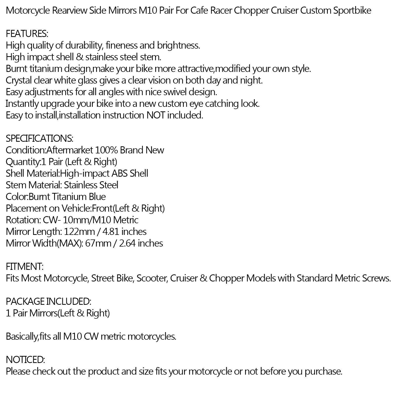 Verbrande titaniumzijde achteruitkijkspiegels 10 mm M10 voor cafe racer op maat gemaakte motorfiets generiek