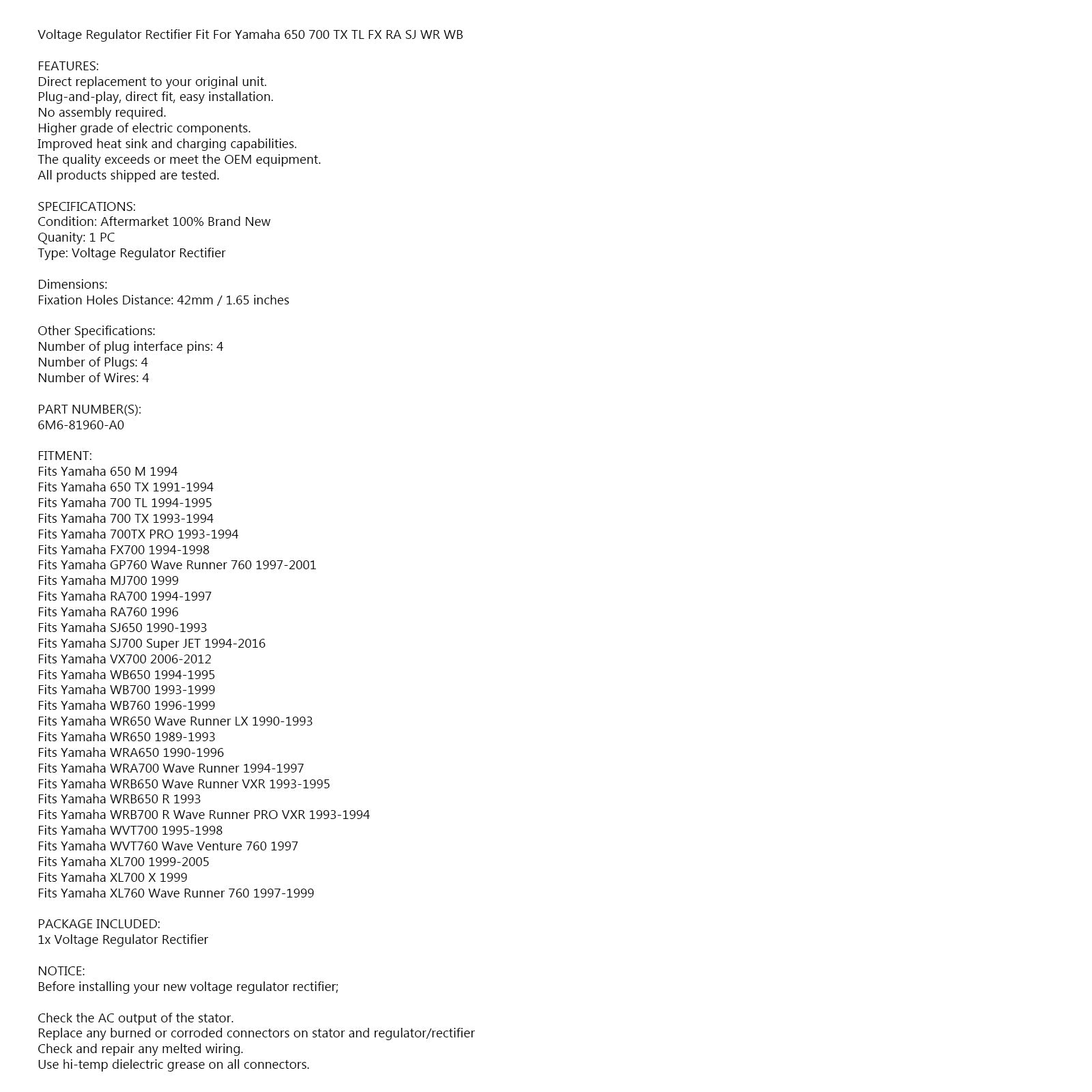 Regulador de retificador de tensão para Yamaha PWC 650-760 WB SJ TL TX 6M6-81960-A0-00