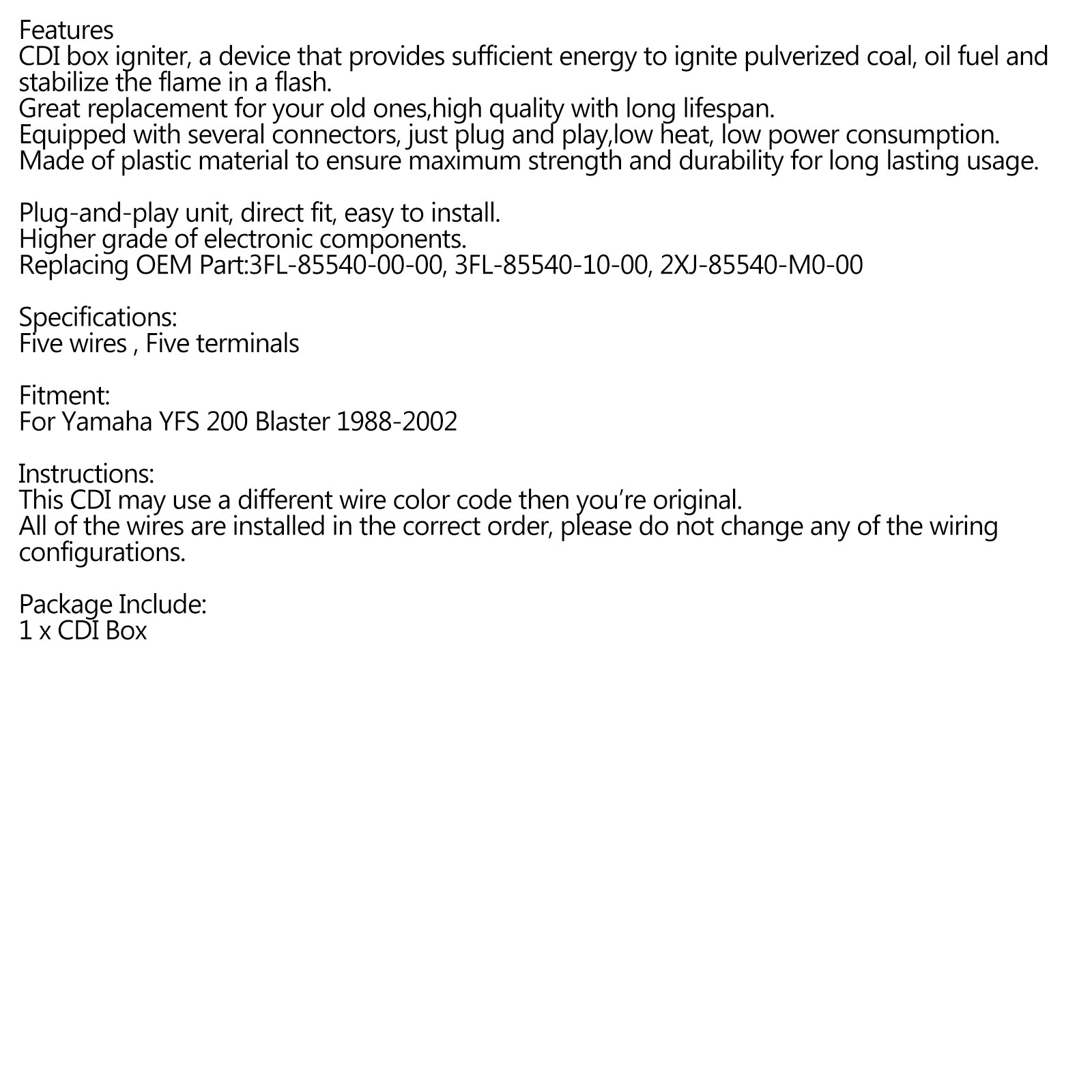 Tändare CDI Box CDI-modul CDI-modul för Yamaha 3FL-85540-10-00 3FL-85540-00-00 BLASTER 200 YFS200 88-02