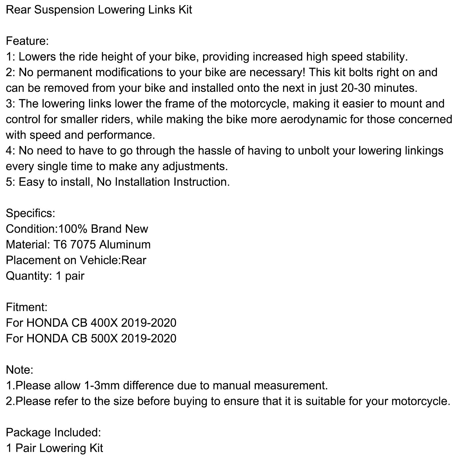 Rear Suspension Lowering Links Kit For HONDA CB400X CB 400X CB500X 2019-2020 Generic