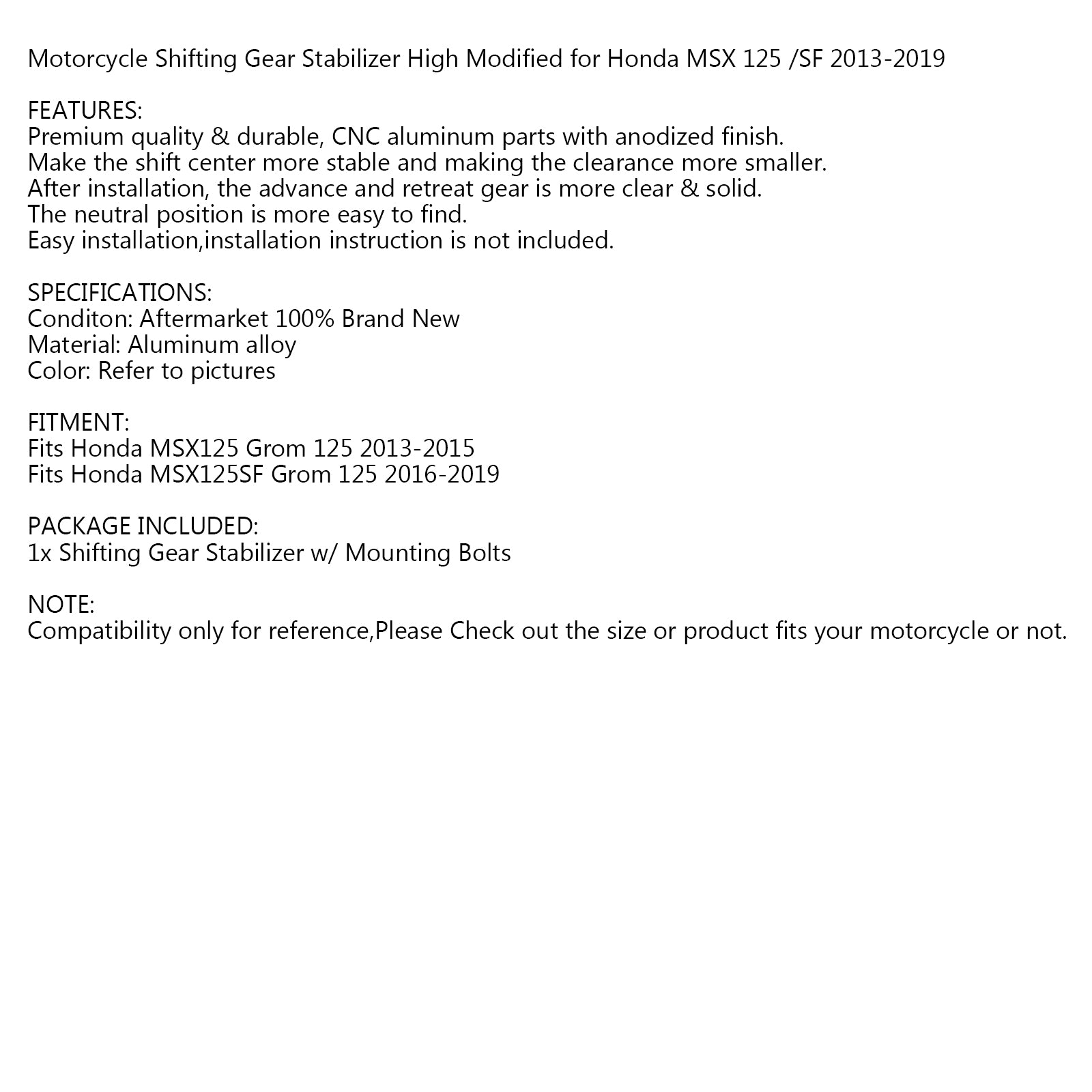 Honda MSX125 GROM 125 13-15 MSX125SF GROM 125 16-19 Skiftende girstabilisator m/ monteringsbolter Gul