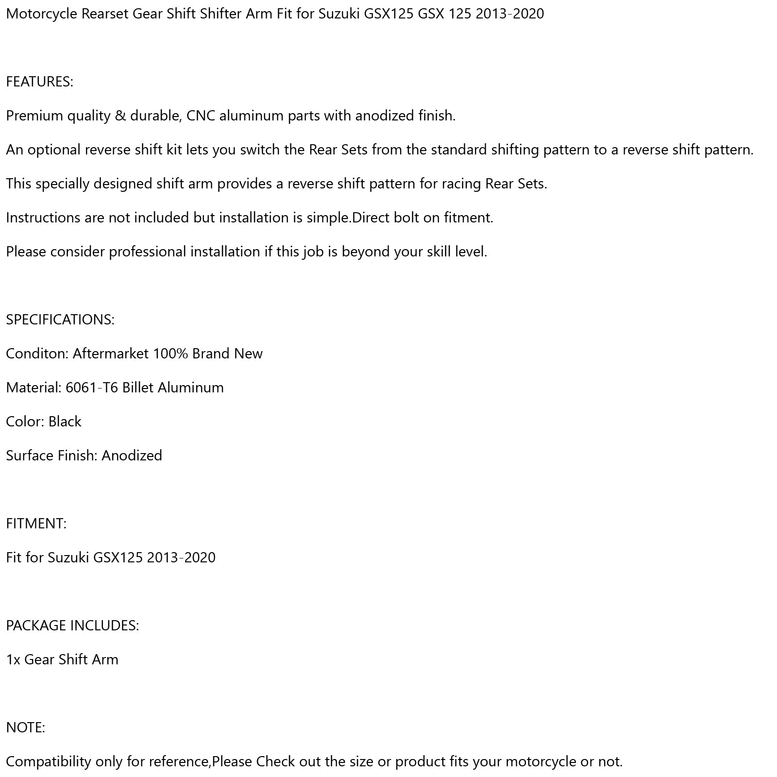 2013-2020 Suzuki GSX 125 Aluminium Motorcykel Gear Shift Shifter Arm Generic