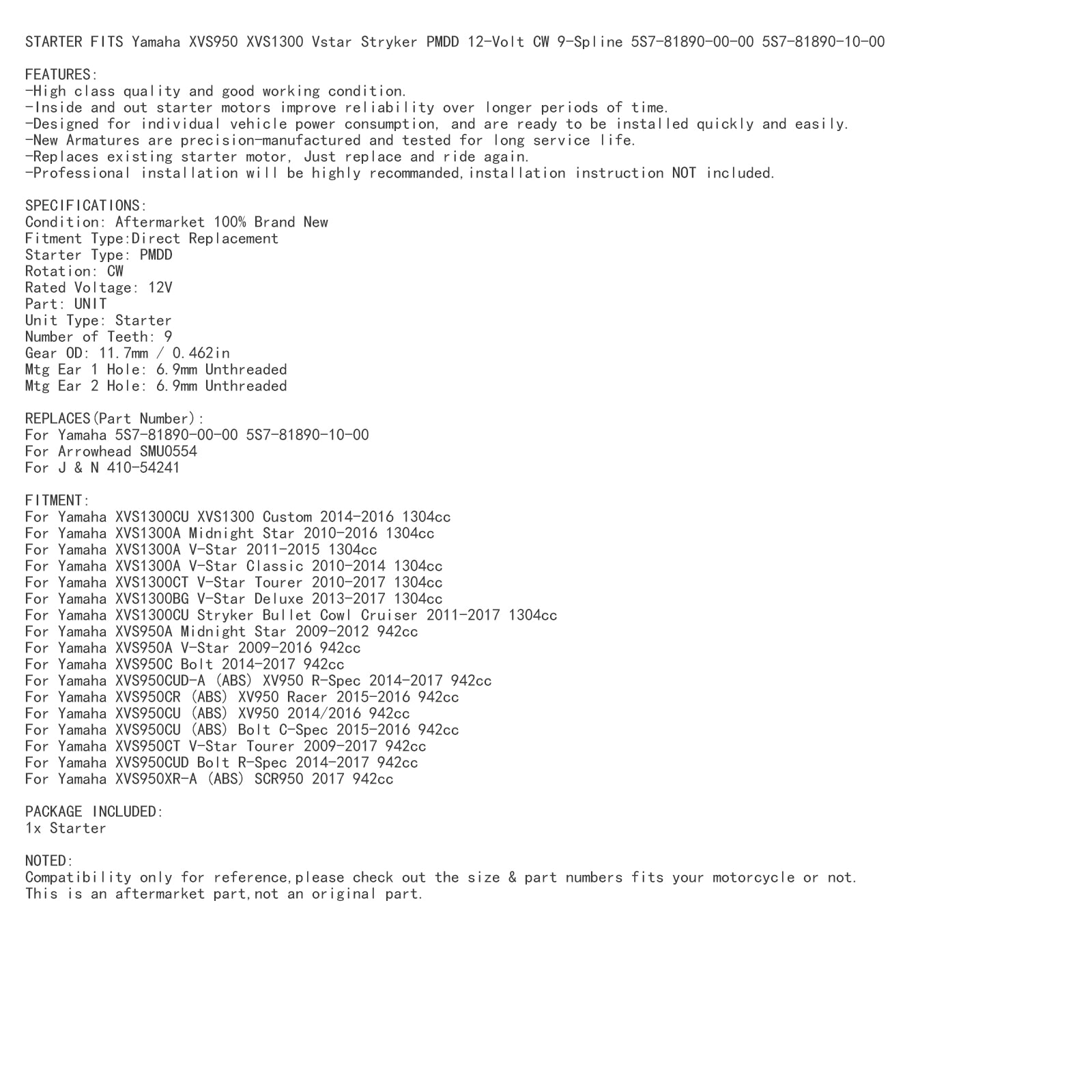 Neue Starter 9-Spline für Yamaha XVS1300 XVS950 V-Star Stryker 10-17 5S7-81890-00