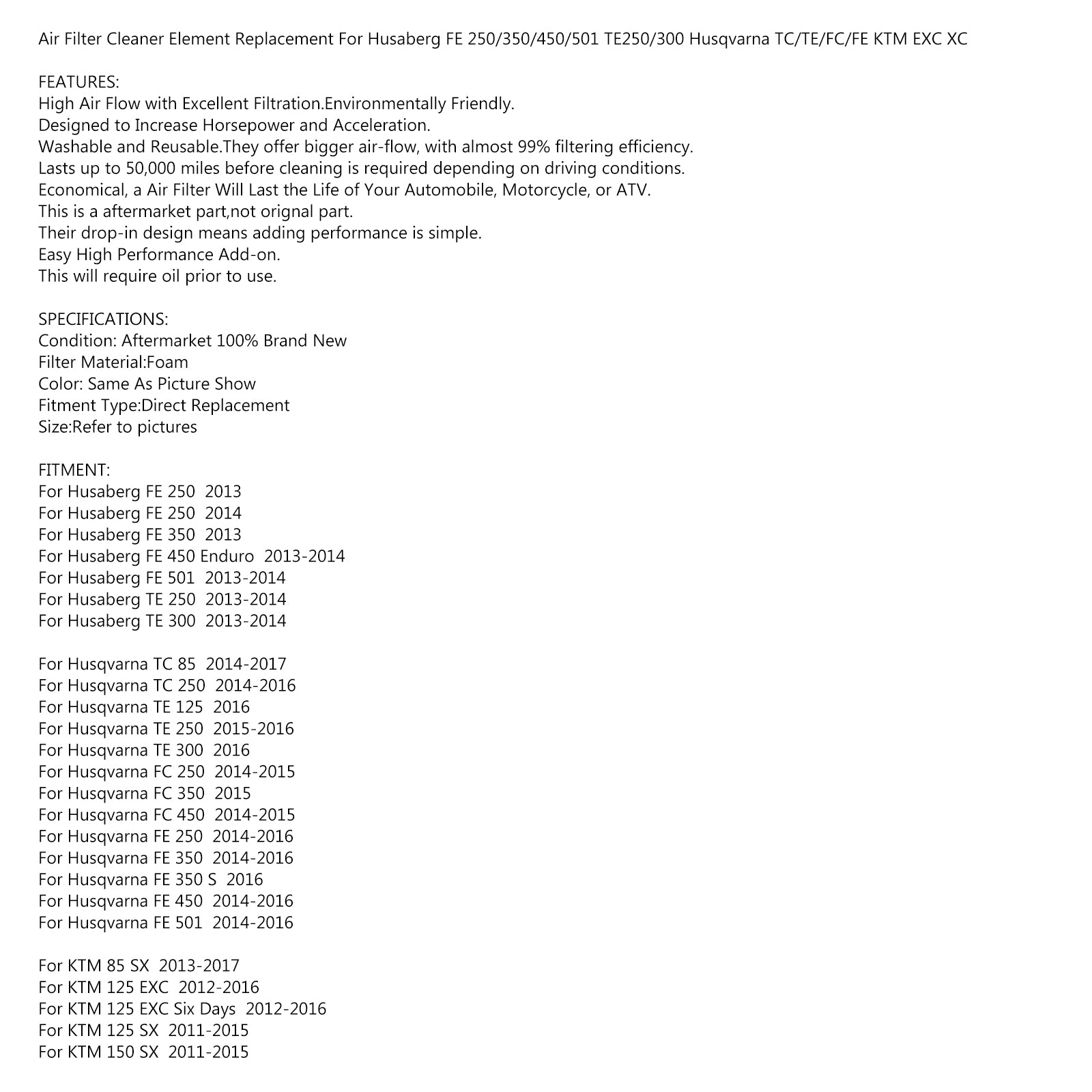 Pulitore filtro aria per KT SX EXC XCW XC SXS SXF SMR 125 150 250 300 350 450 500 generico