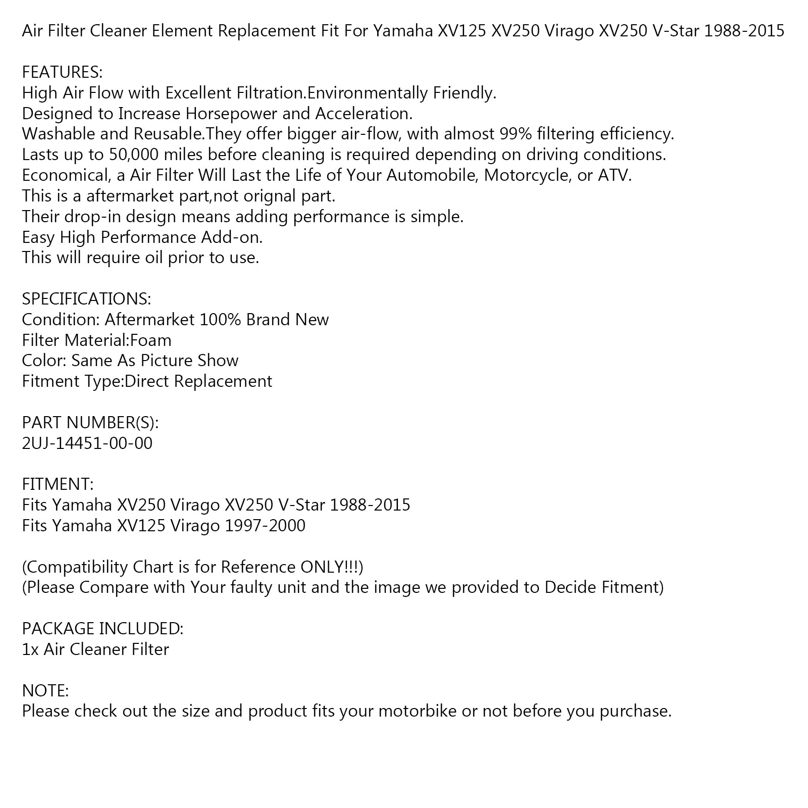 Filtro de ar espumado Filtão para Yamaha XV 125 250 Virago / V-Star 250 88-15 2UJ-4451-00