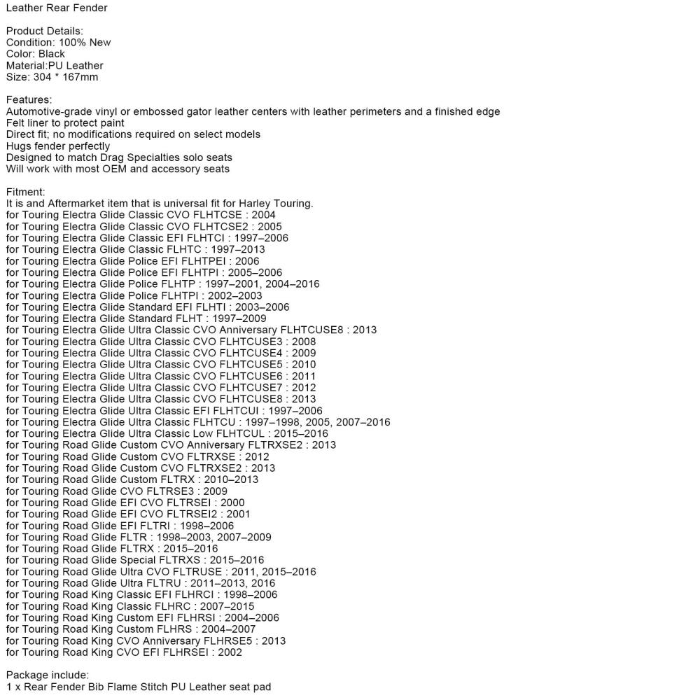 Flame Stitch PU Leather Rear Fender Bib Solo Seat For Touring Electra Road Glide Generic