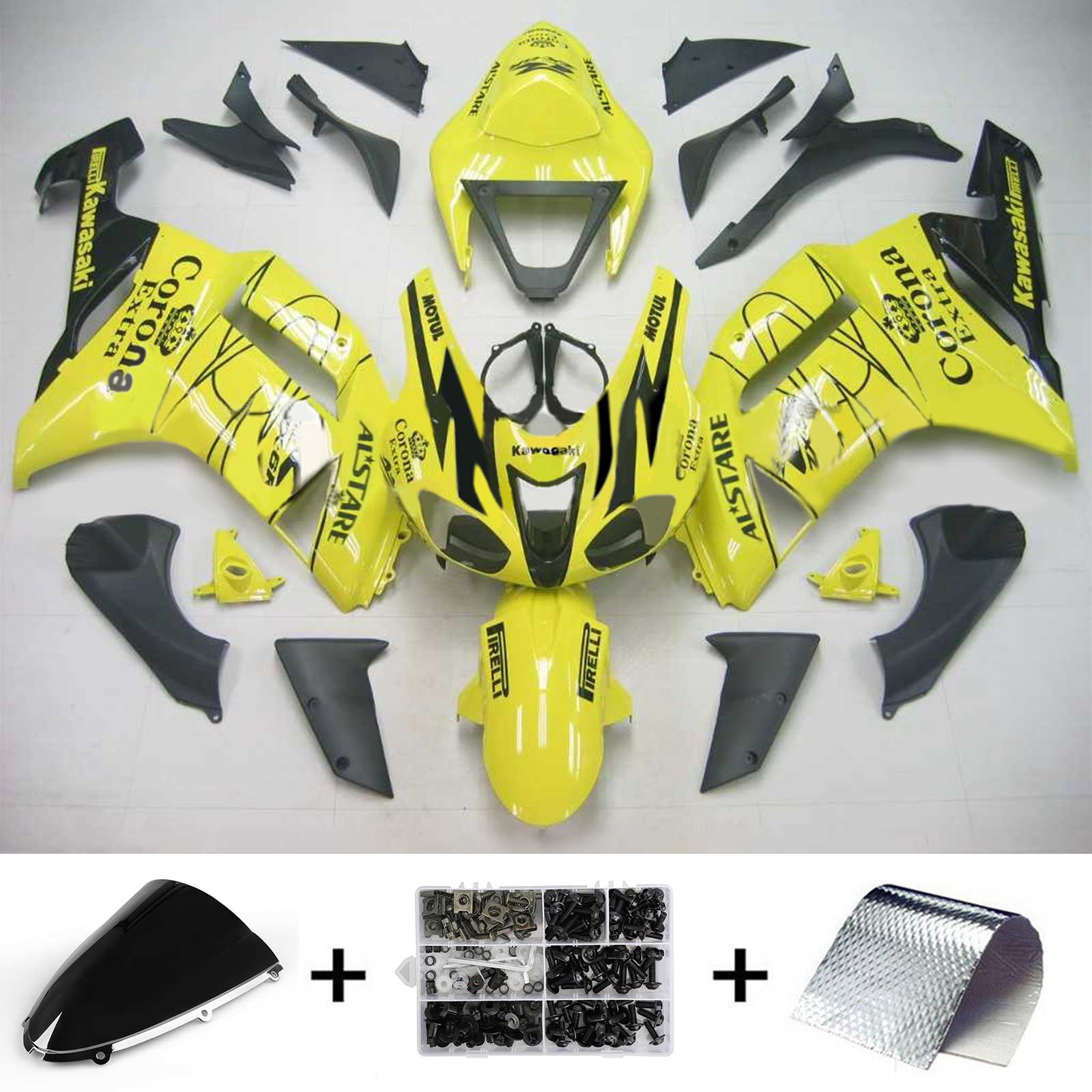 AMOTOPART KAWASAKI 2007-2008 ZX6R 636 GUL med Black Line Fairing Kit