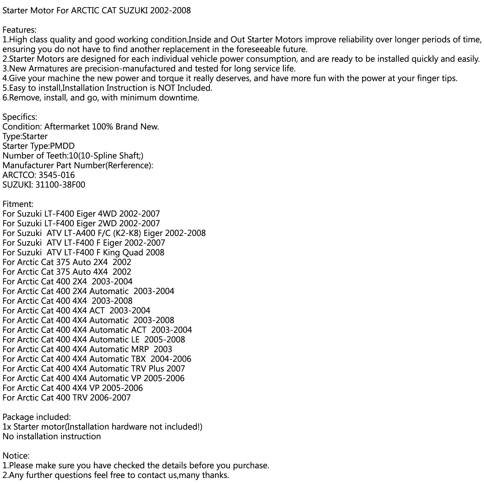Startermotor für Suzuki Arctic Cat ATV 2003-2008 31100-38F00 3545-016