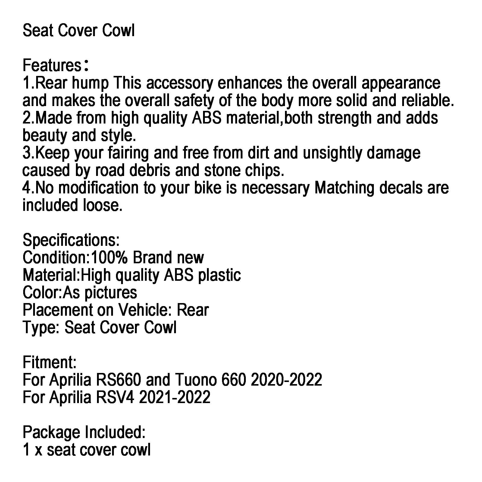 2020-2024 Aprilia RS660 RSV4 Tuono 660 Heckhaarverkleidungsabdeckung Generisch