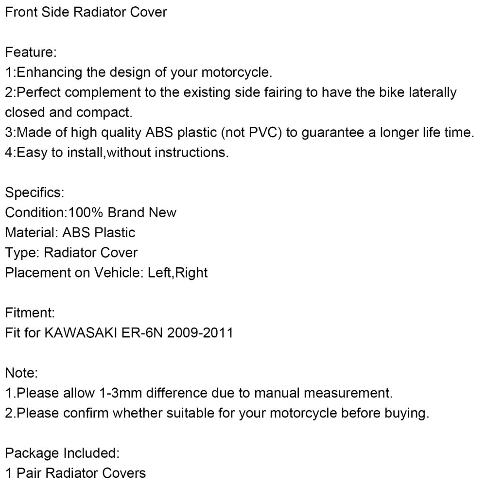 Front Side Radiator Cover Panel Fairing Cowling for Kawasaki ER6N 2009-2011 generisk