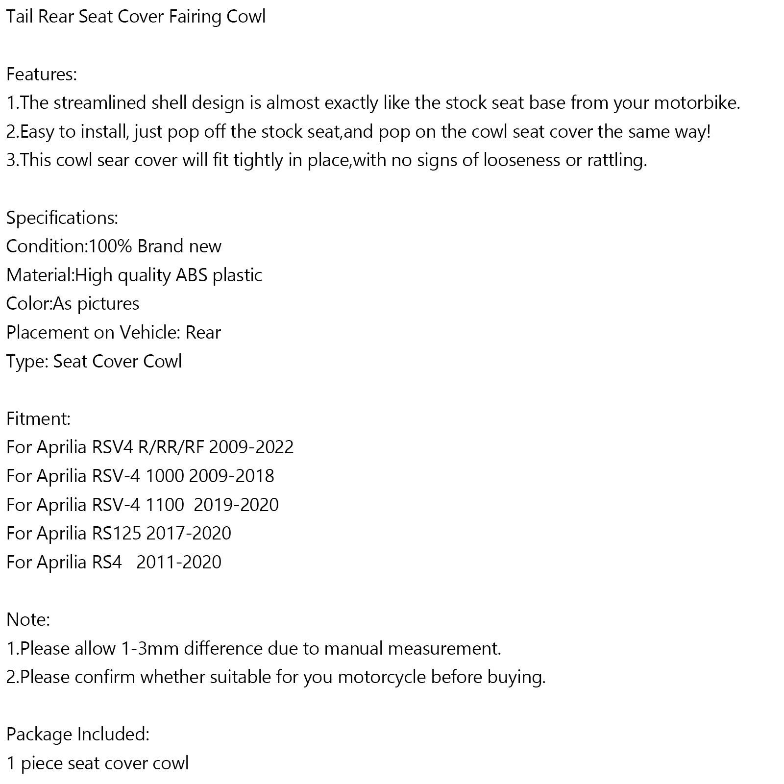 2009-2022 Aprilia RS125 RS4 RSV4 1000 Tylna okładka siedzenia Fairing Cowl