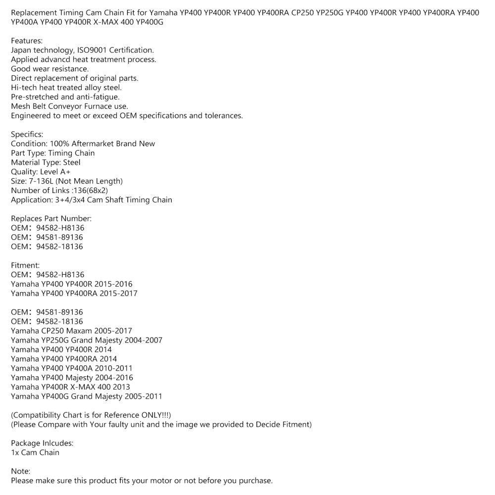 Timing Chain For Yamaha 94581-89136 94582-18136 94582-H8136 Yp400 Cp250 Yp250G Generic