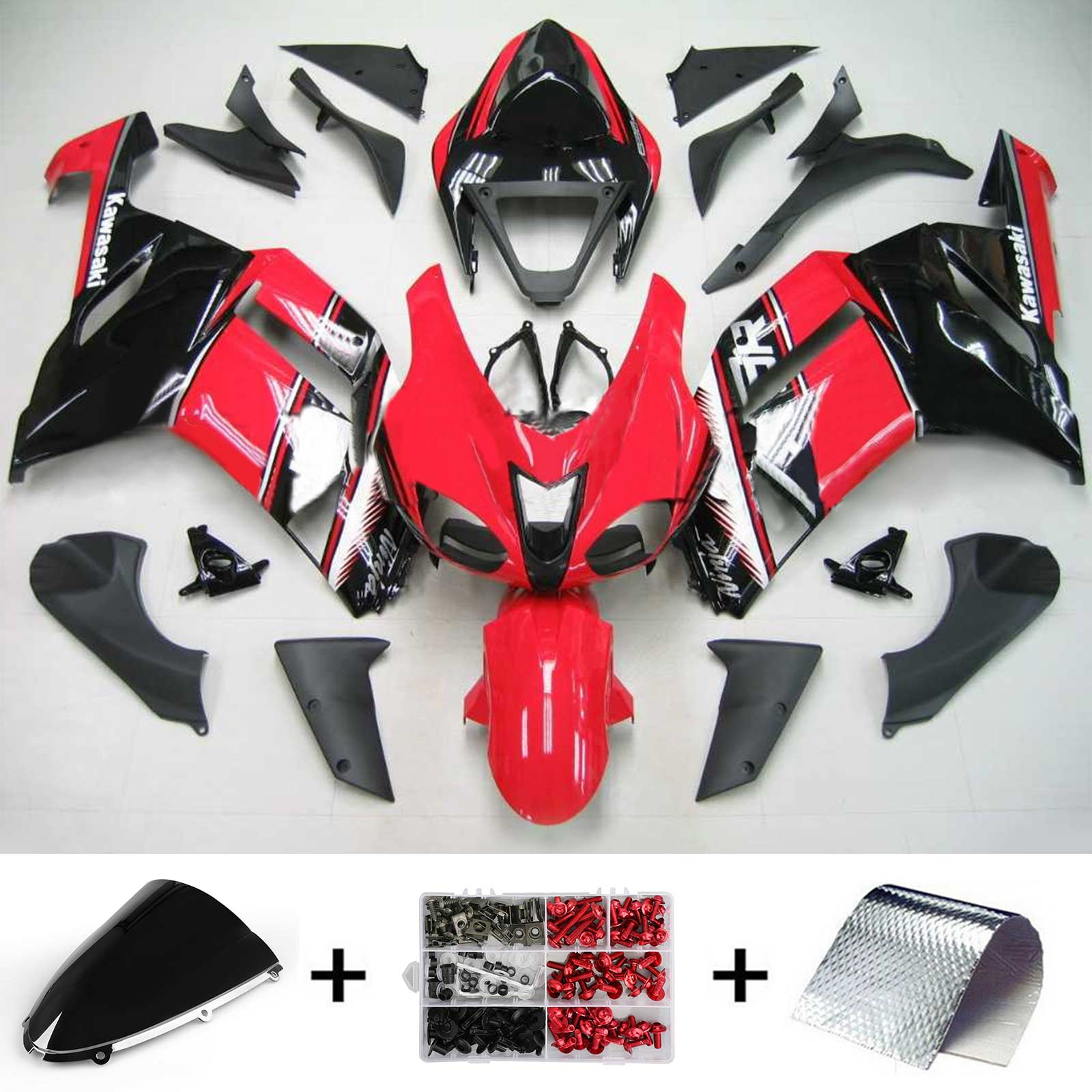 Amotopart Kawasaki 2007-2008 ZX6R 636 Red Black Fairing Kit