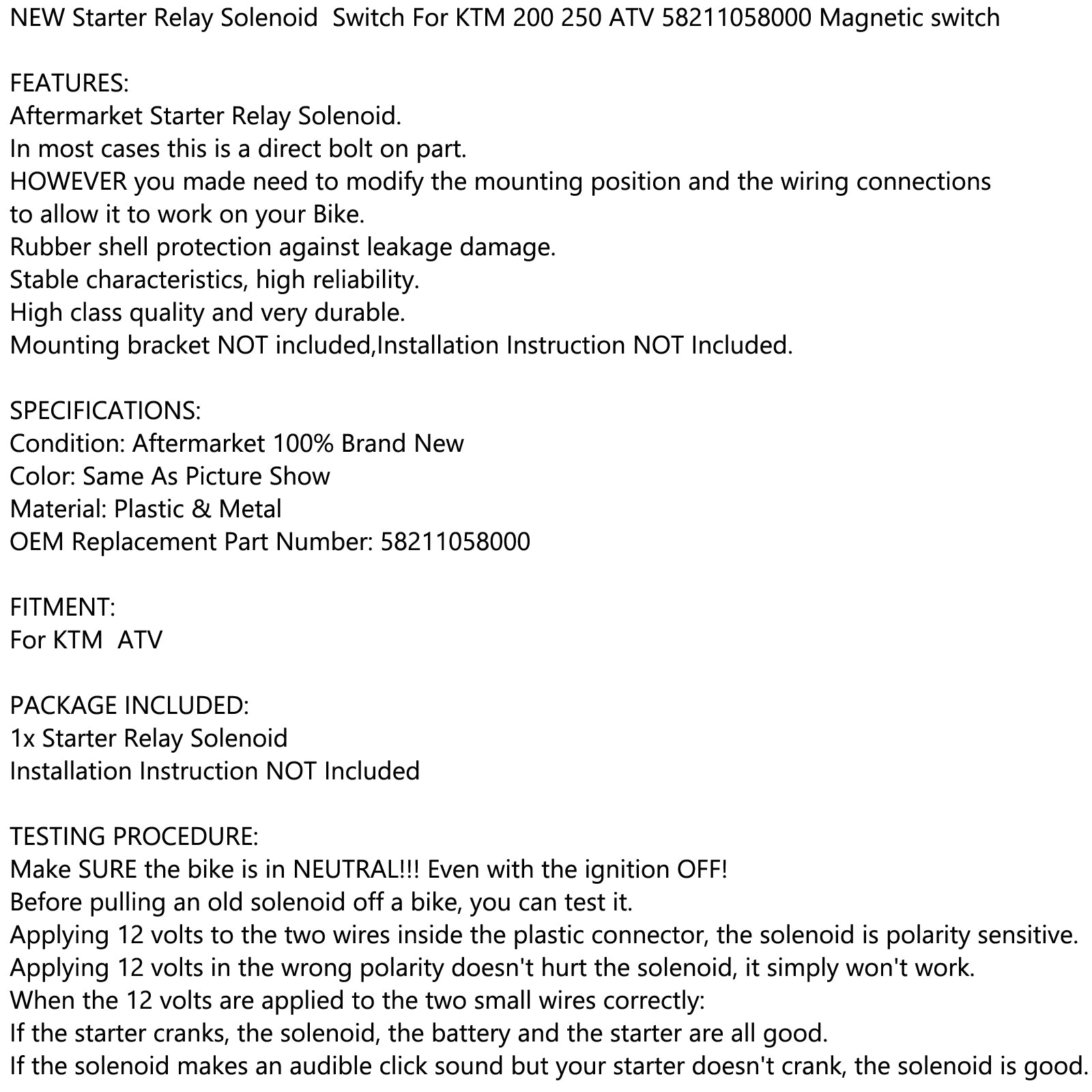 Starter Relay Magnet Switch 58211058000 Anpassungen 250 SX-F 12-17 450 Exc 640 LC4 Starter Relay Solenoid Switch 58211058000 für ATV 505 SX 450 EXC 250 SX-F 12-13 Generika generika
