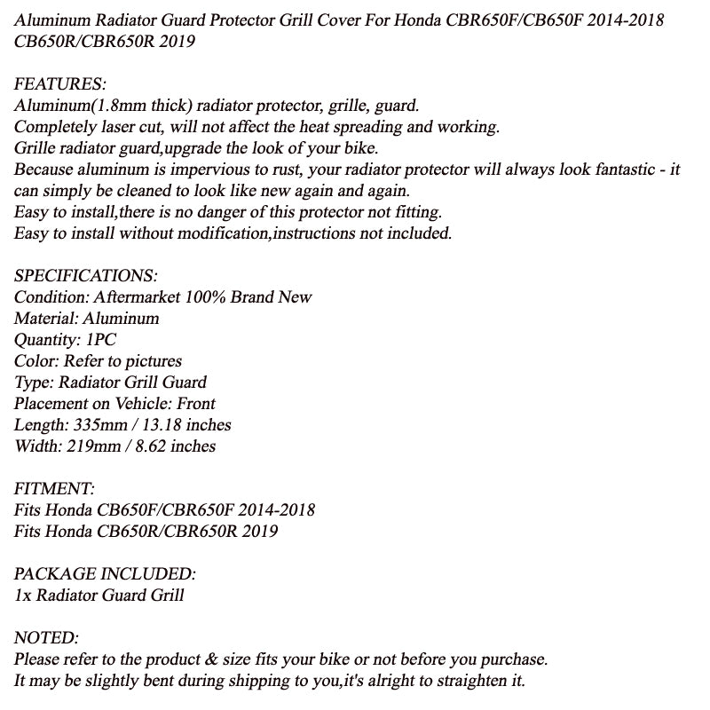 14-19 Honda CB650F CB650R CBR650 Black Aluminum Radiator Guard Prorection Generic