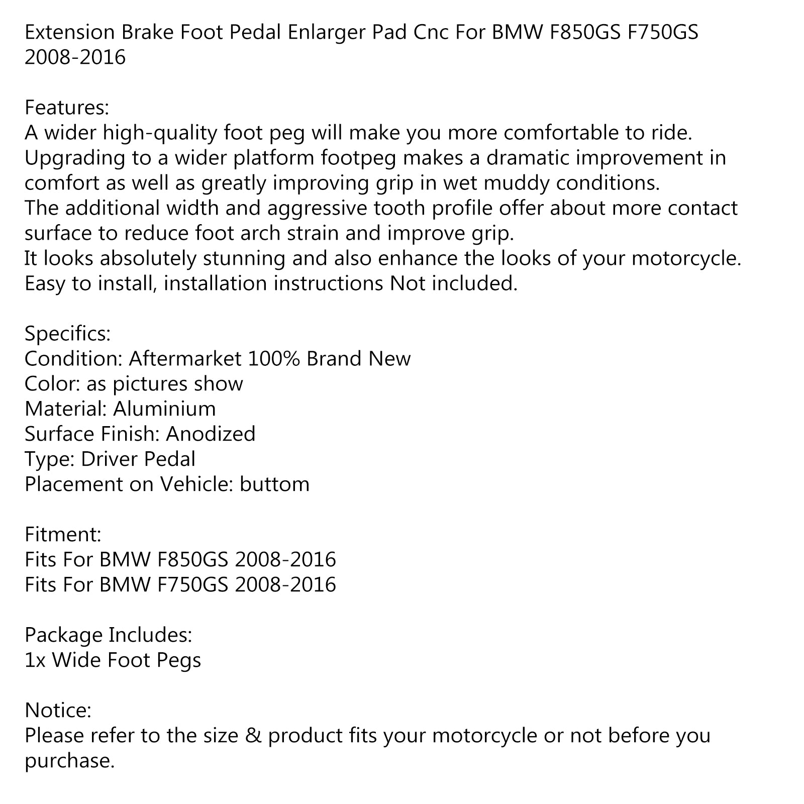 Extensión de pedal de freno de aluminio, clavija ampliadora para F850Gs F750Gs 08-16 09, color plateado genérico