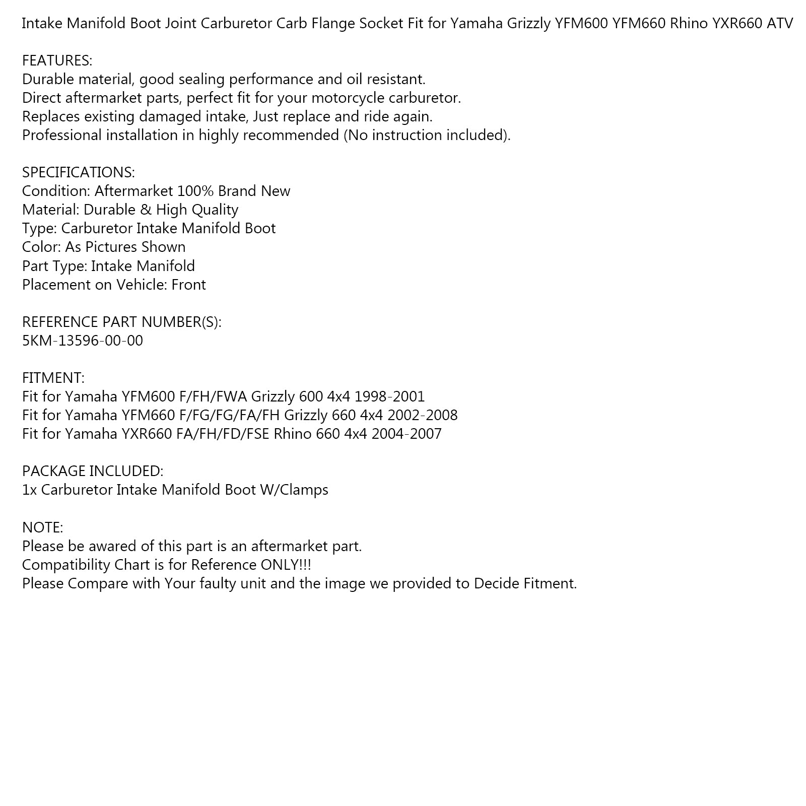Yamaha Grizzly Rhino Carburetor Intake Boot Joint W/Clamps 5Km-13596-00