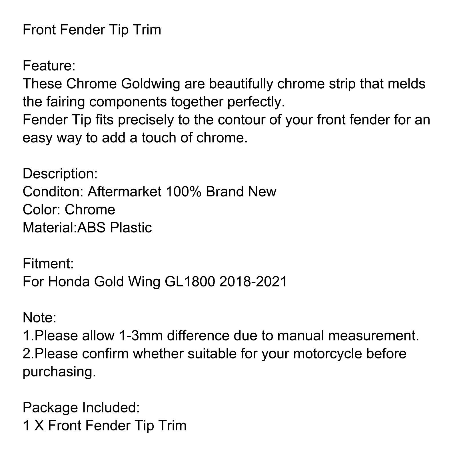Chrome Front Fender Tip Trim Accent Case til Honda Gl1800 Goldwing 1800 2018-2021 Generisk