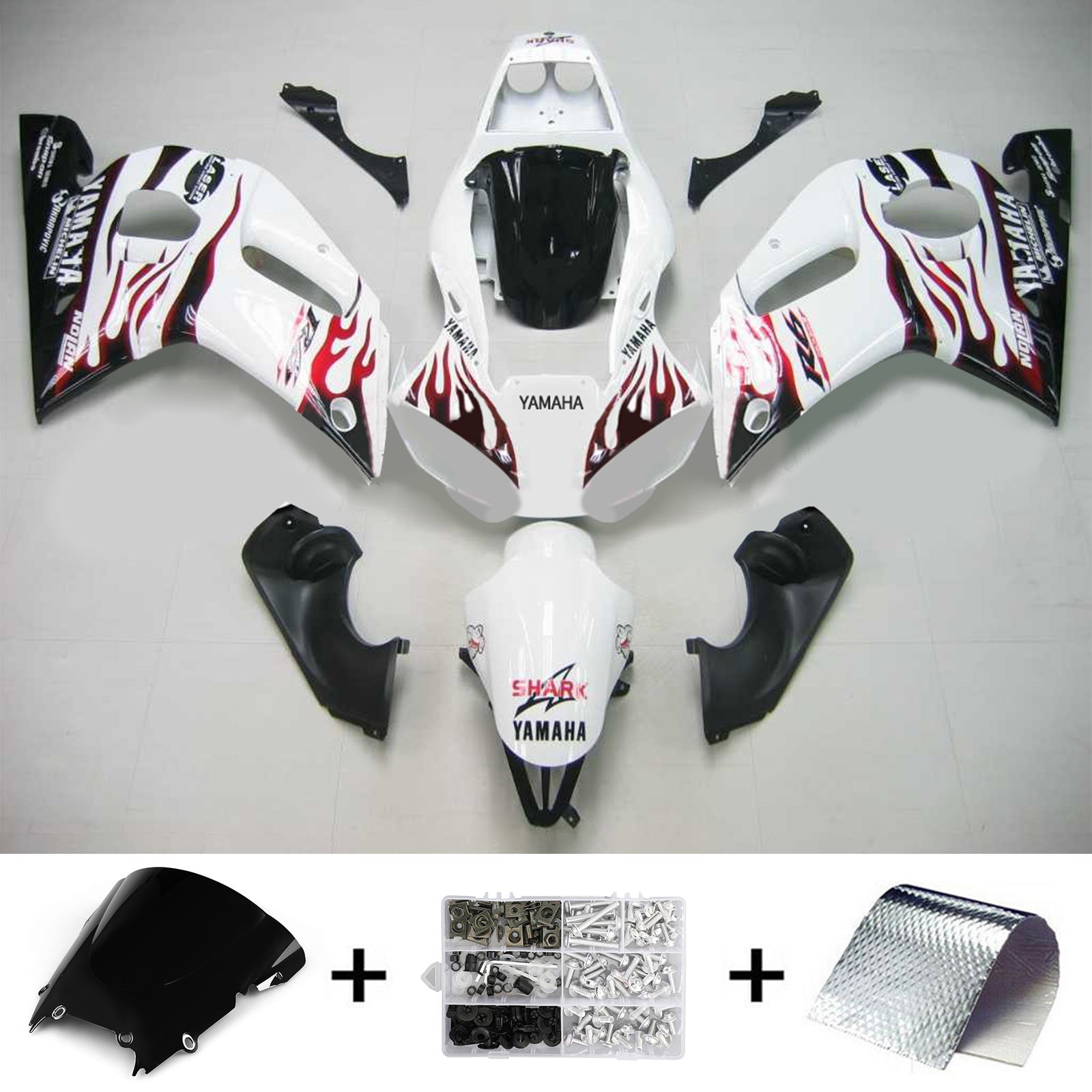 Amotopart Yamaha 1998-2002 YZF 600 R6 White Black Fire Fairing Zestaw