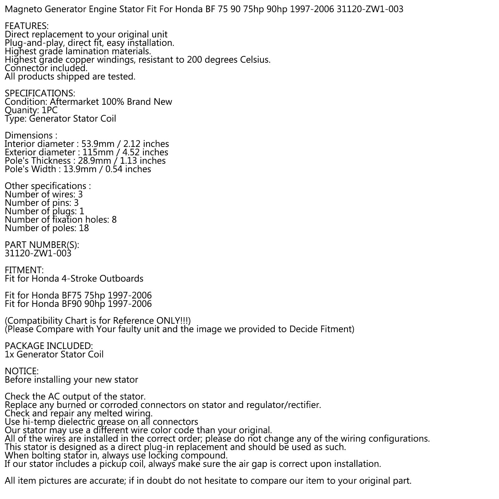 Stator Magneto Passend für Honda BF75 75 PS BF90 90 PS 4-Takt 97-06 31120-ZW1-003 über FedEx
