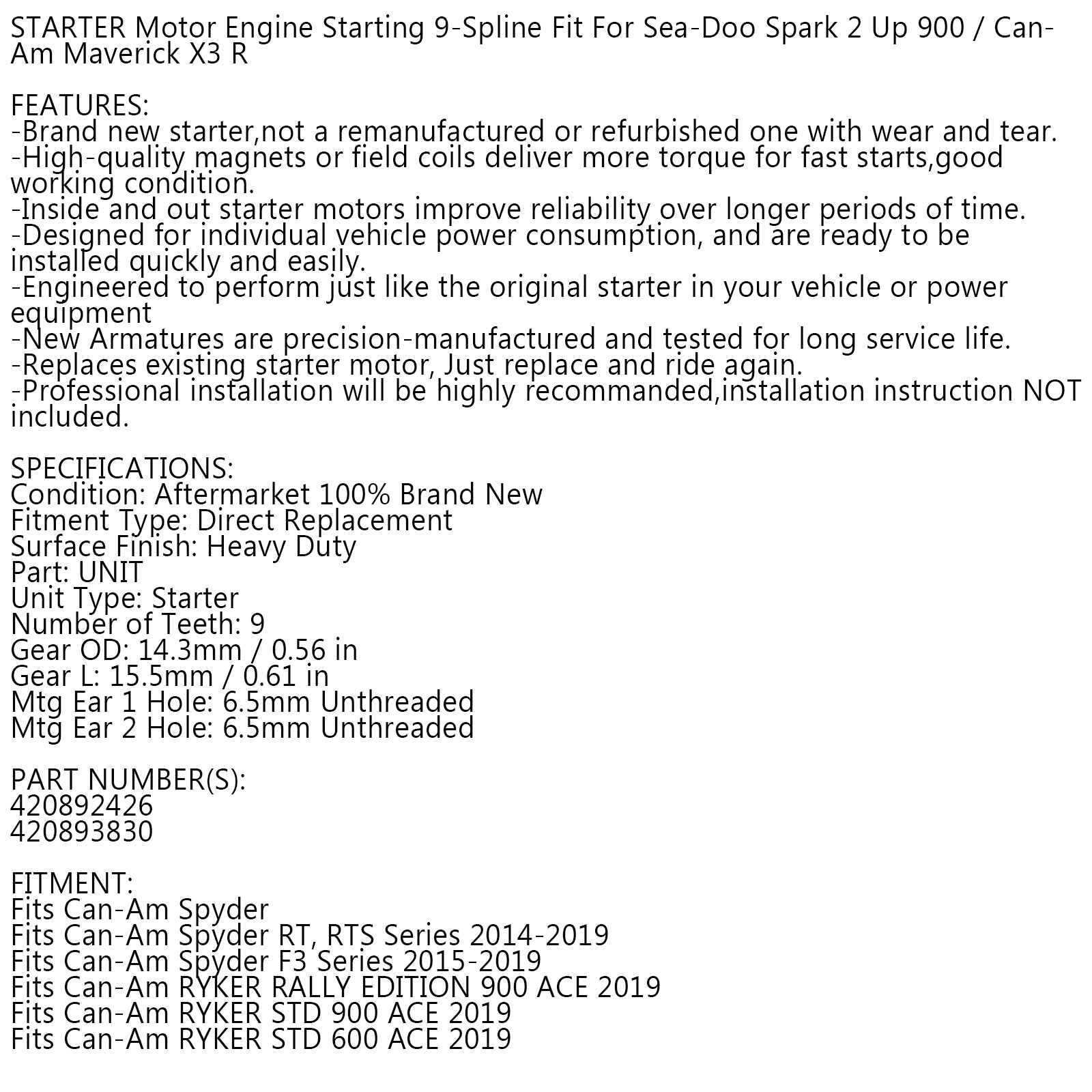 新しいスターター Can-Am UTV Maverick X3 R 4x4 XDS XRS Turbo DPS 2017 2018 2019 Generic FedEx Express Shipping用