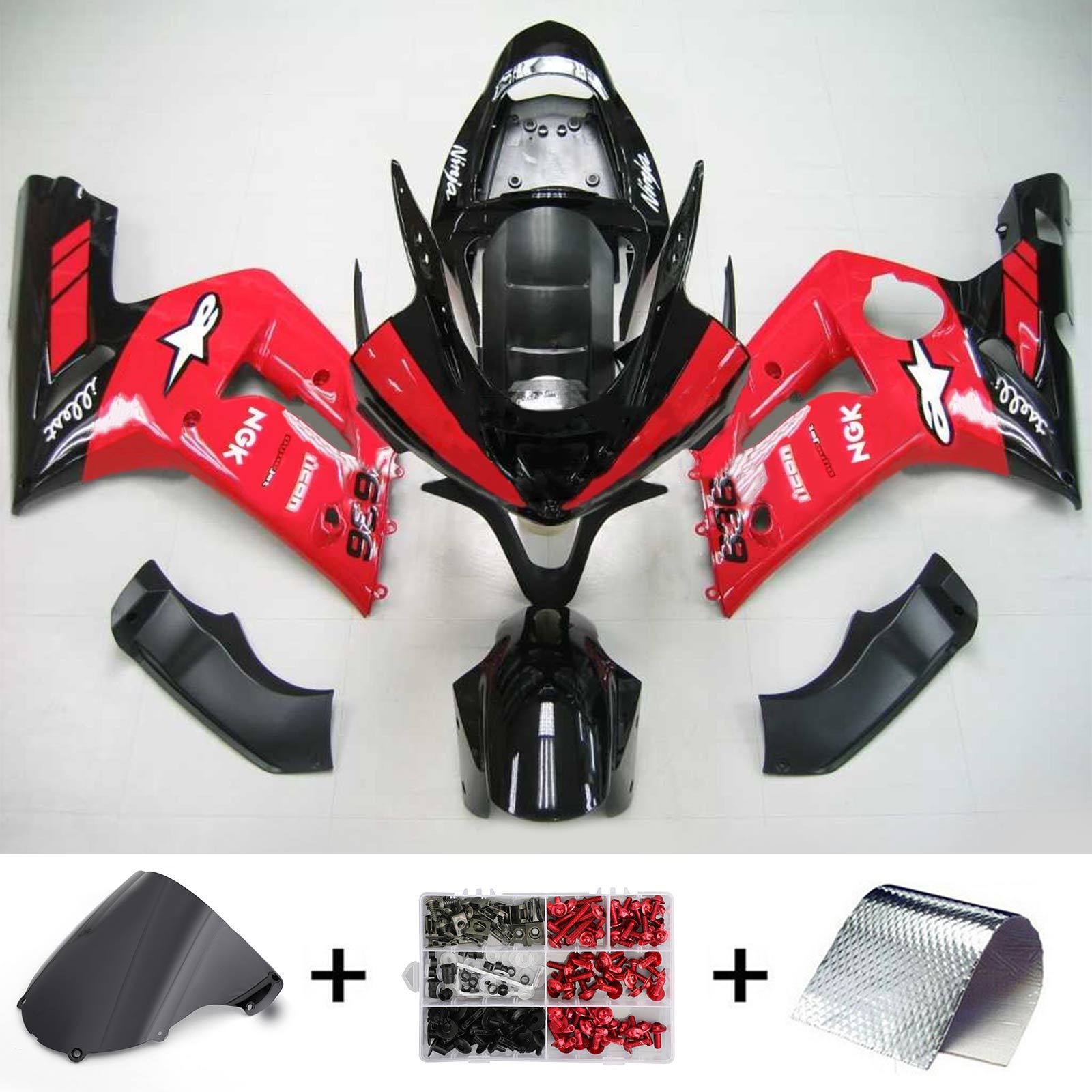 Amotopart 2003-2004 Kawasaki Zx6R 636 Red Black Fairing Kit