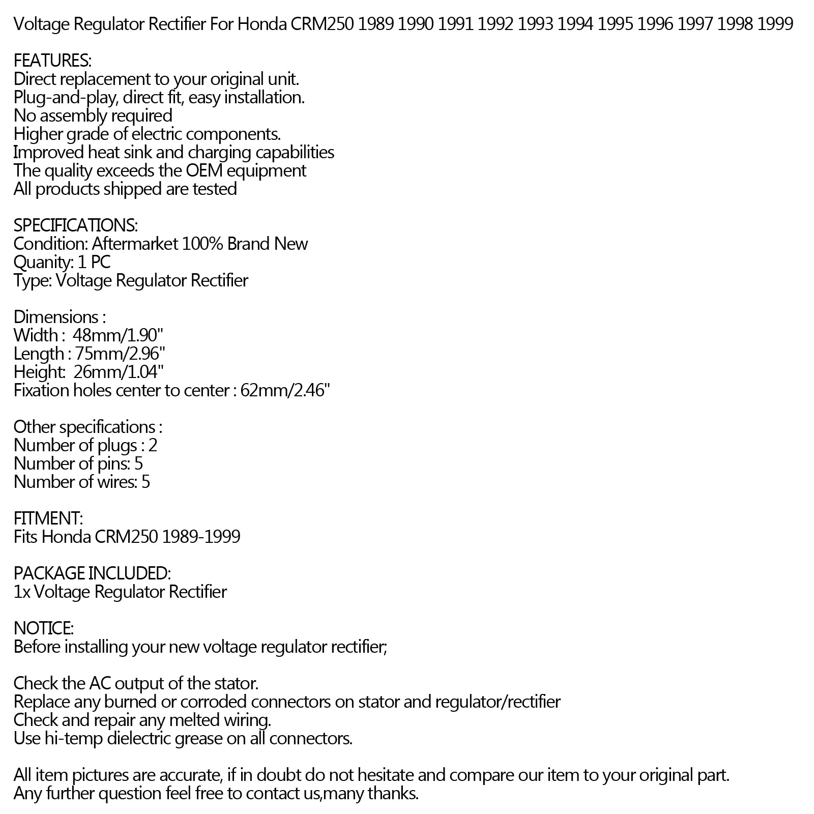 Regulator napięcia Pasuje do Honda CRM250 1989 - 1999