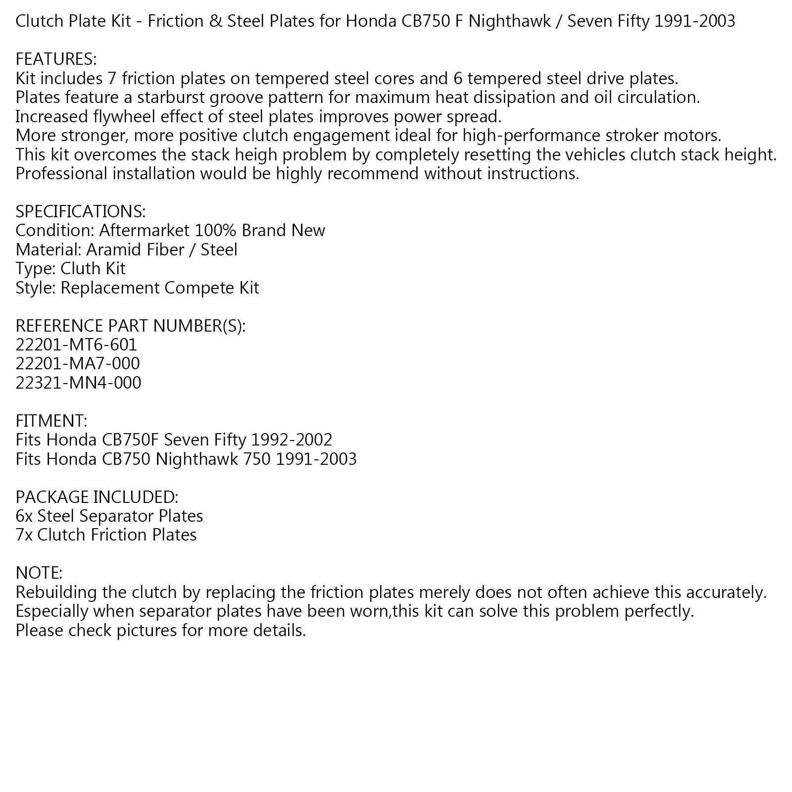 Clutch Plate Kit Friction & Iron Plates for Honda CB750 Nighthawk CB750F 91-03 Generic