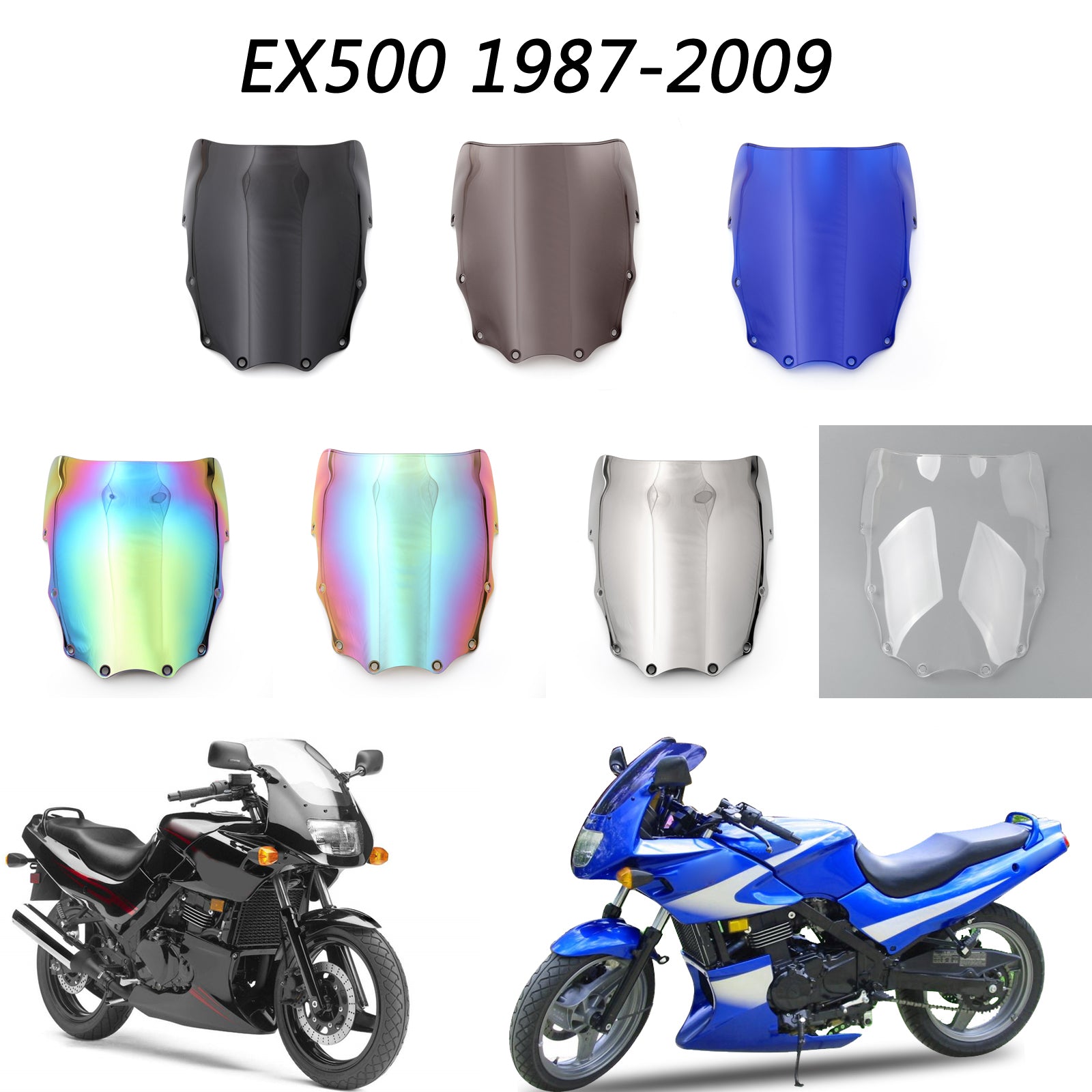 1987-2009 Kawasaki EX500 Ninja 500R ABS Plastic Windshield Windscreen 8 Color