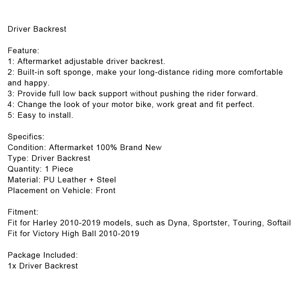 Respaldo del conductor para Victory High Ball Softail Touring 10-19 Chrome Generic