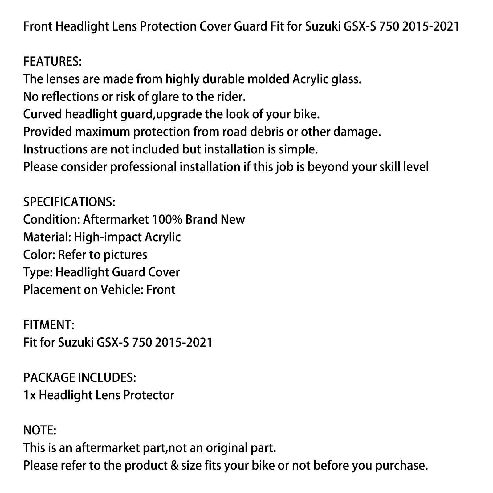 Frontscheinwerfer-Objektivschutz, passend für Suzuki Gsx-S 750 2015–2021, rauchfarben