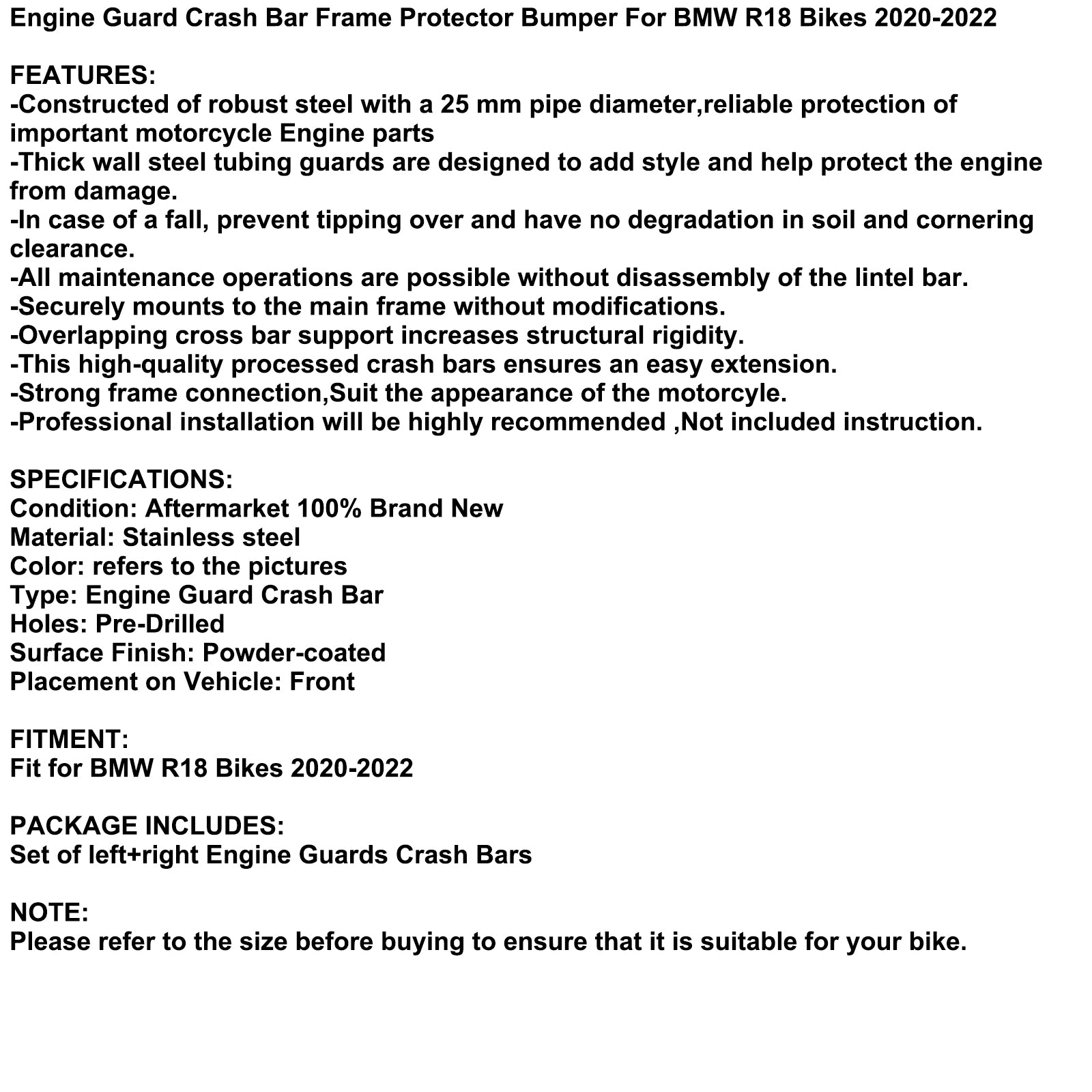 Chránič ochrany motoru Proti-Crash nárazníkový chránič pro BMW R18 Bikes 20-22 2021 Chrome