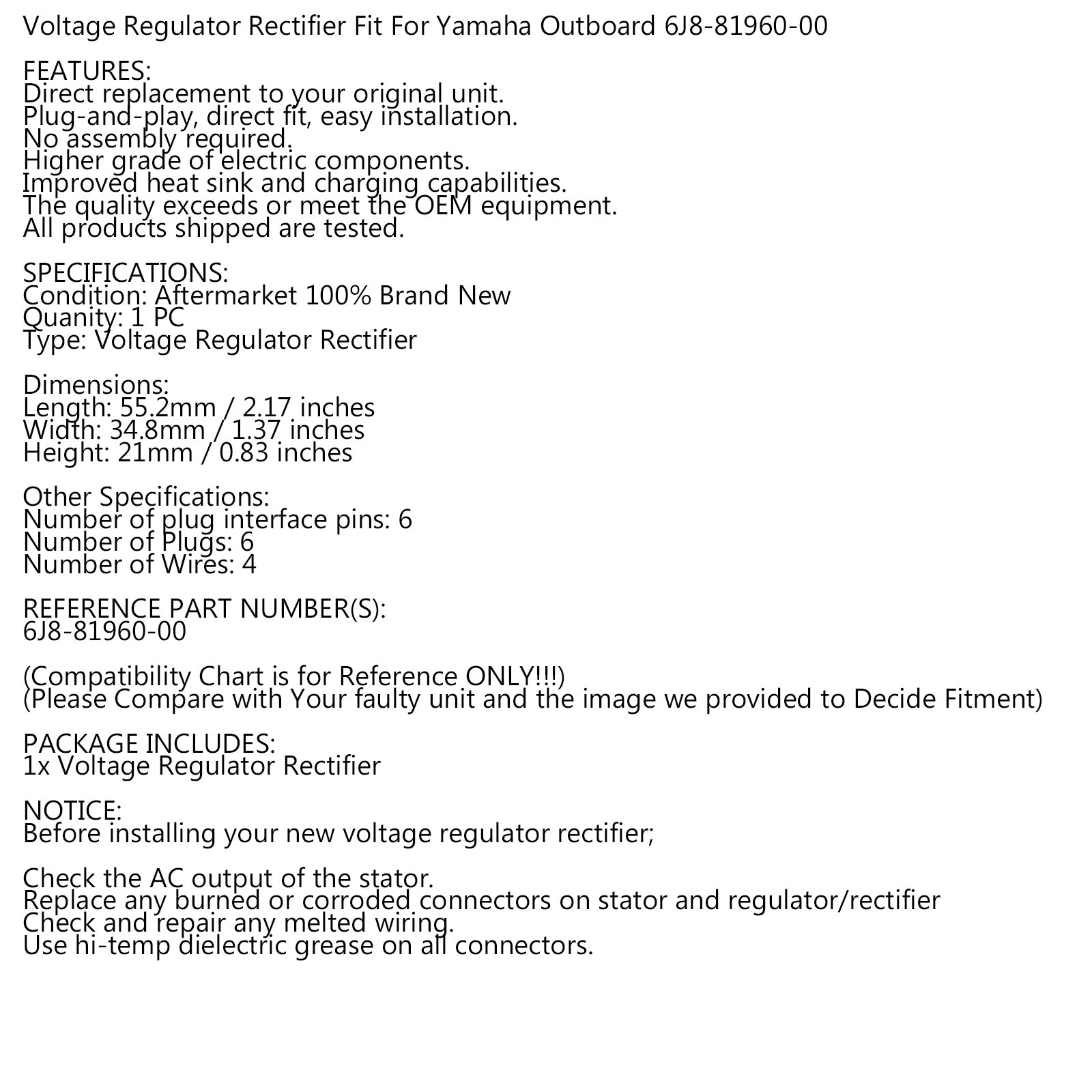 Regulseur de redresseur 6J8-81960-00 Fit pour Yamaha 6HP - 50HP 1990 - 2013 hors-bord générique