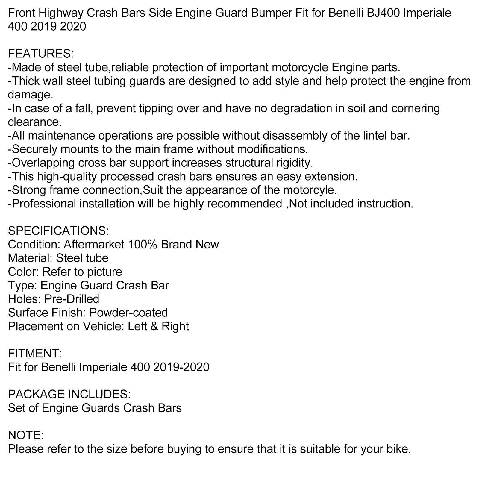 Engine Guards Crash Bars Frame Protection Fit for Benelli Imperiale 400 19-2020