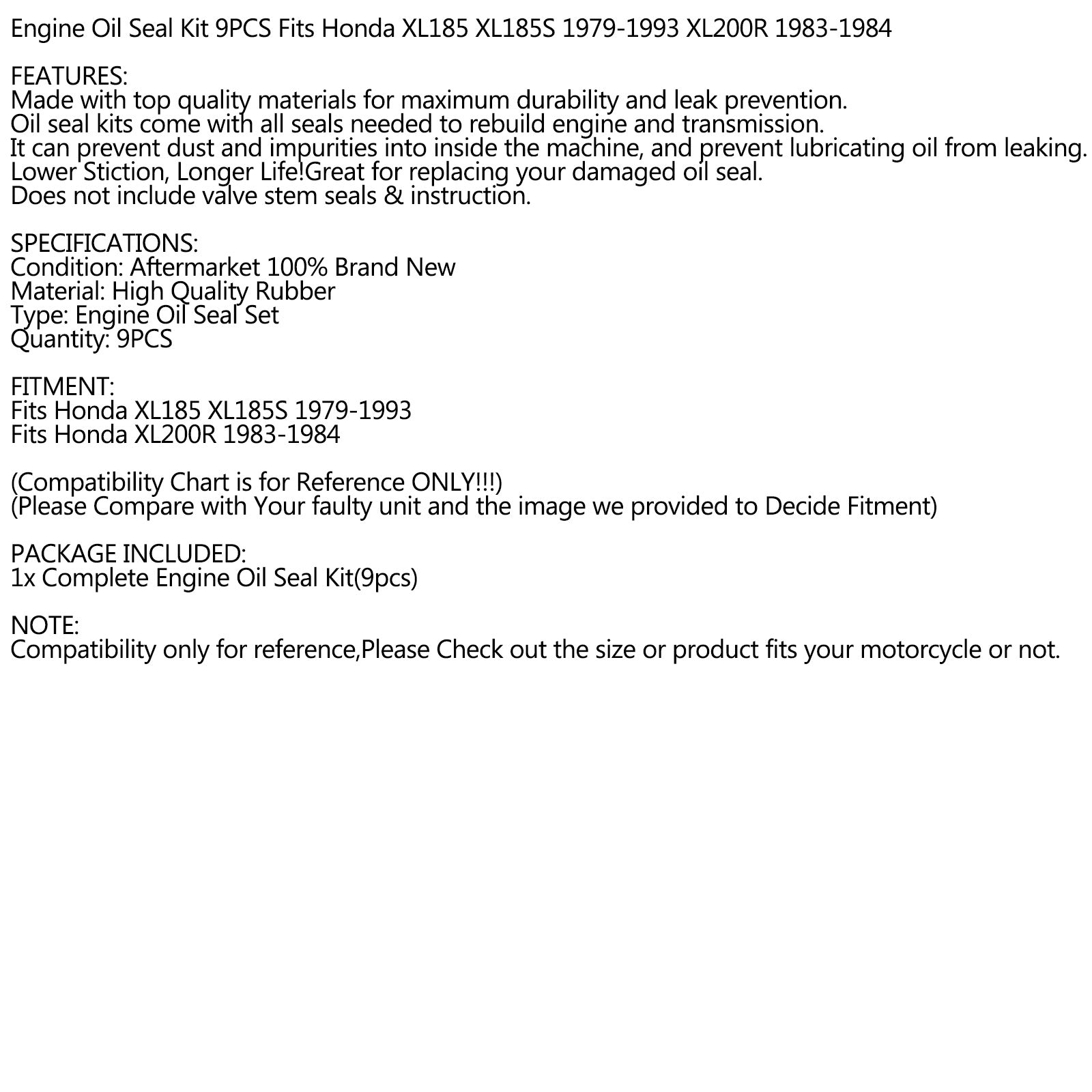 Kit completo paraolio motore 9 pezzi per Honda XL185 XL185S XL200R 79-93 generico