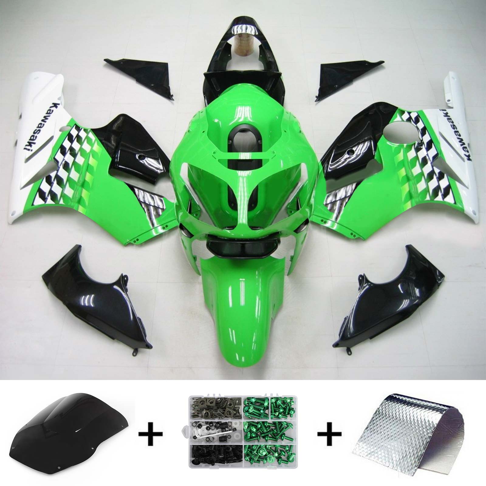 Amotopart Kawasaki 2000–2001 ZX12R Grün Schwarz Verkleidungsset