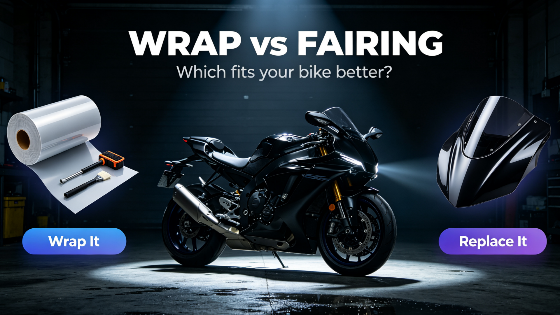 Motorcycle Wrap vs Replacement Fairings comparison banner, sportbike in garage with vinyl wrapping tools on left and painted aftermarket fairing on right, article cover for choosing between wrap or new fairing bodywork