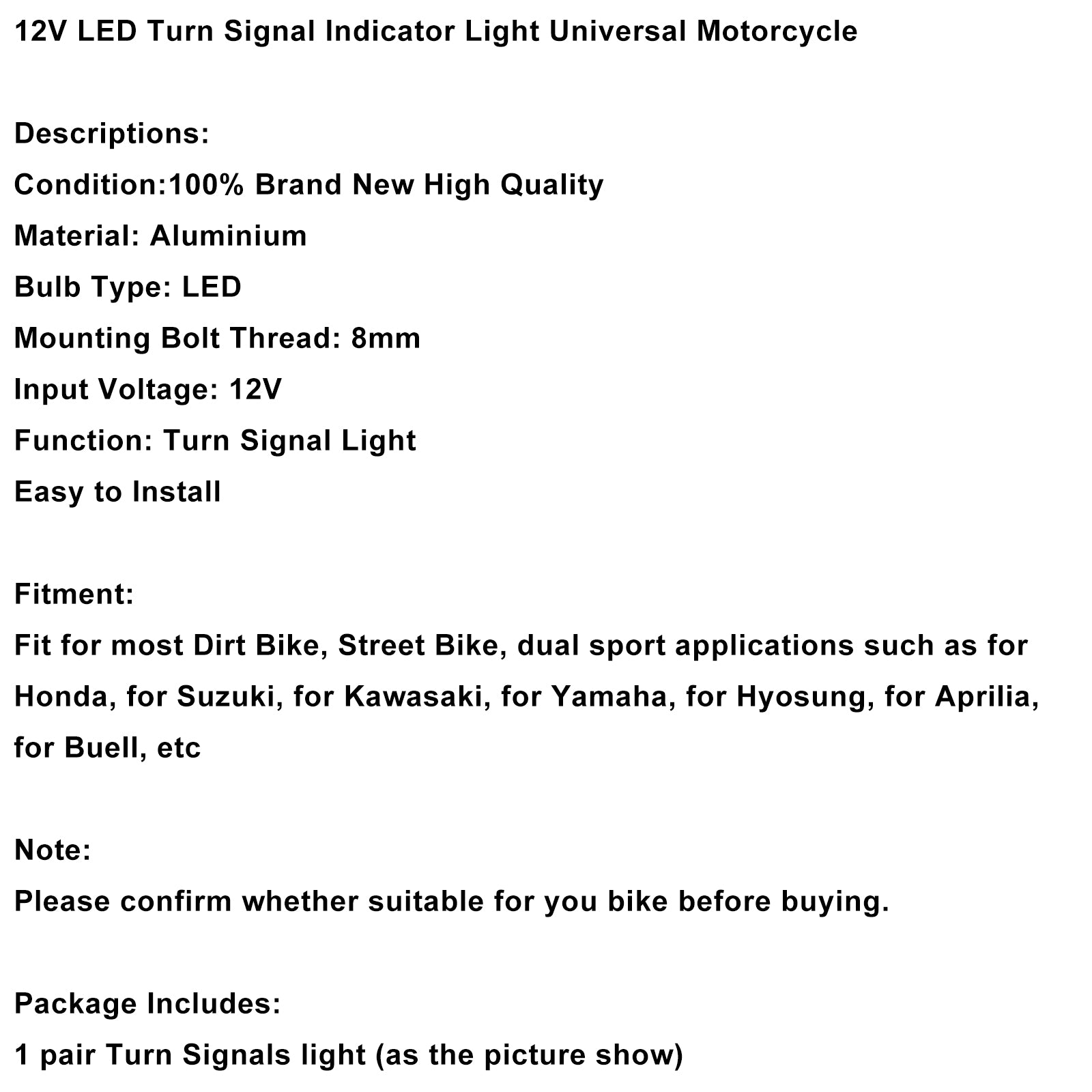 Universal MotorCycle 12V LED Turn Signal Indicator Light 8mm
