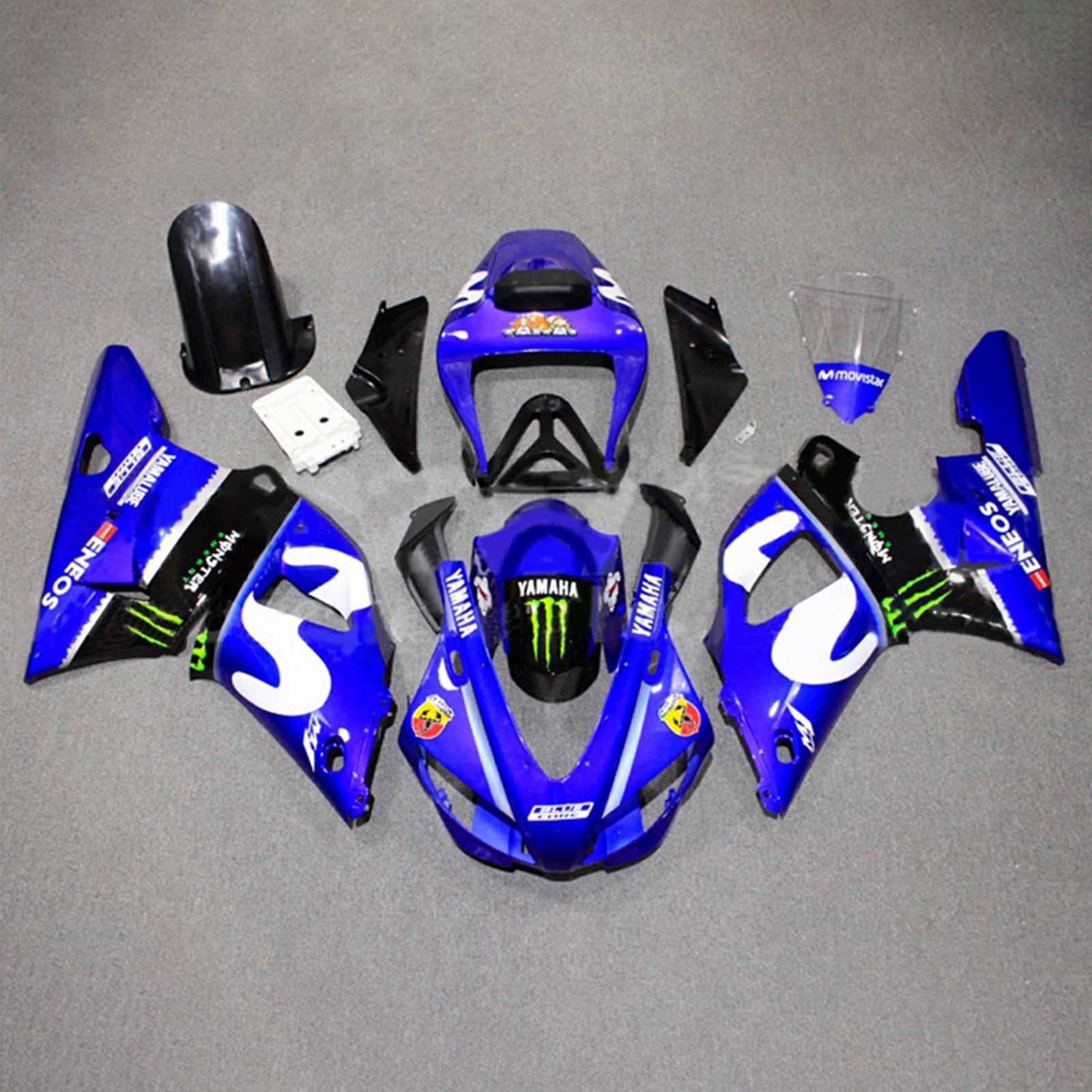 Amotopart 1998–1999 Yamaha YZF 1000 R1 Blau-Weiß mit Monster-Logo Style3 Verkleidungsset