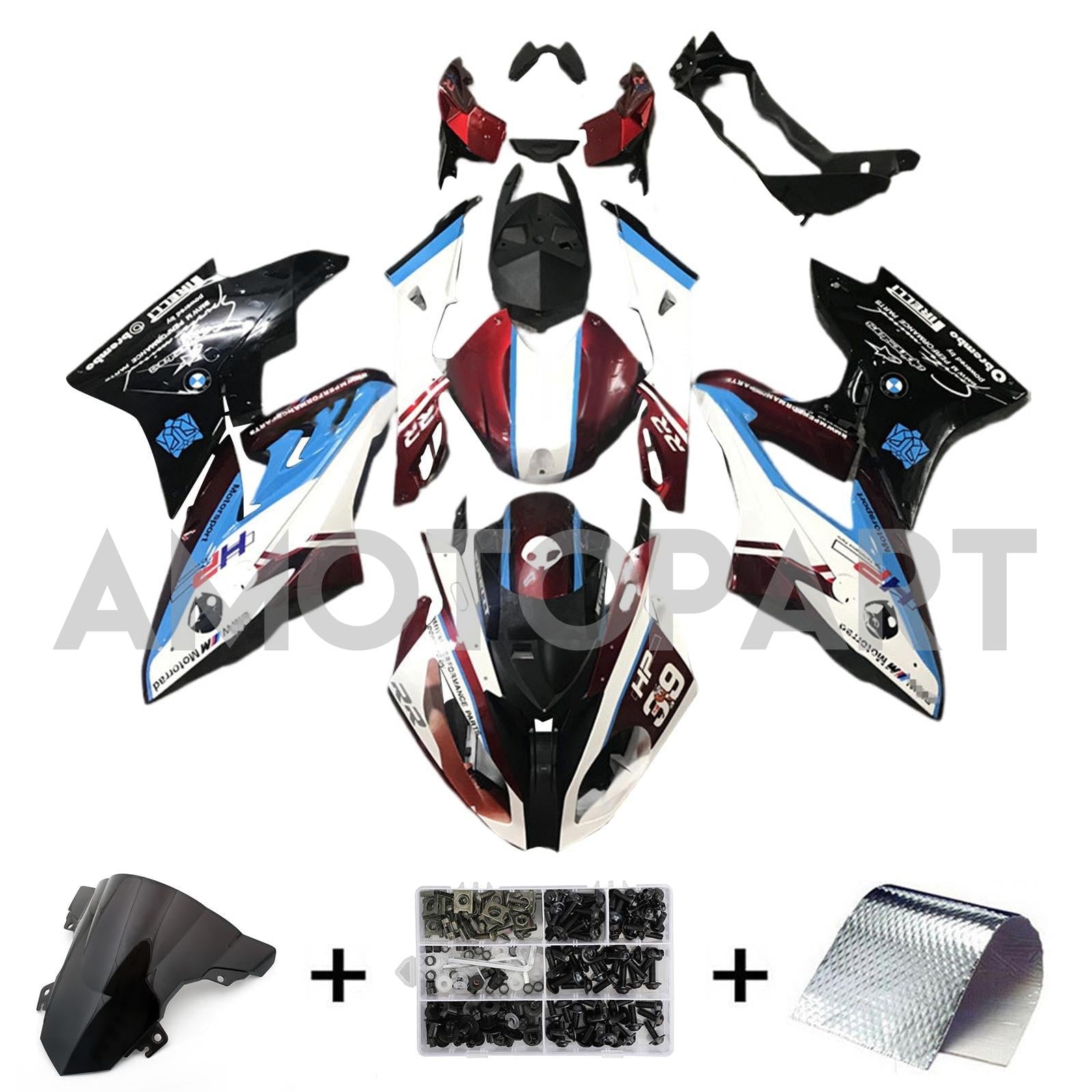 Amotopart BMW S1000RR 2017-2018 Bleu&Kit de carénage rouge Style2