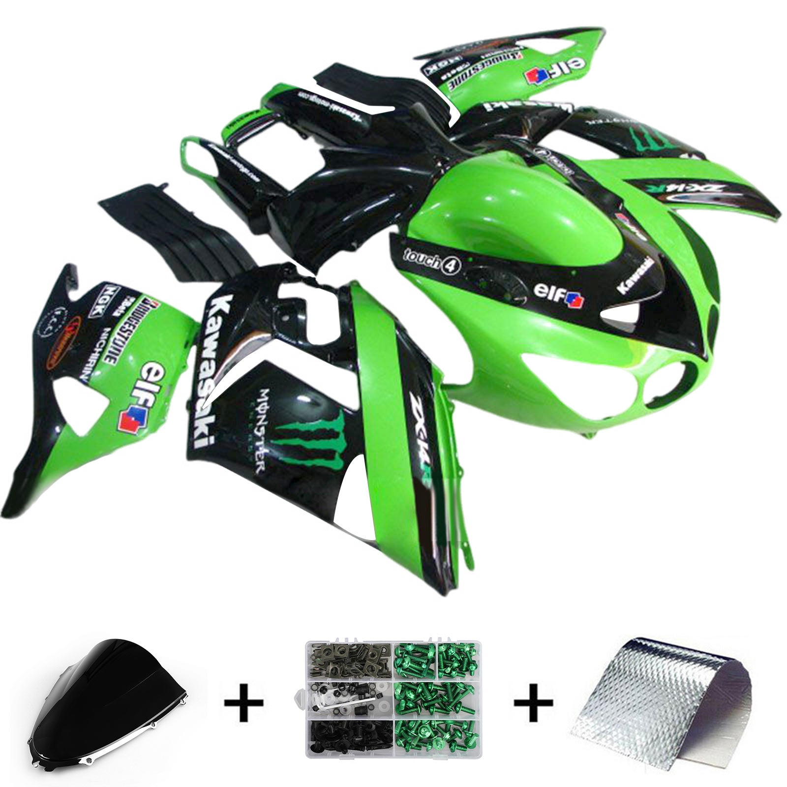 Amotopart 2006-2011 Kawasaki ZX14R ZZR1400 Kit de carenado negro verde